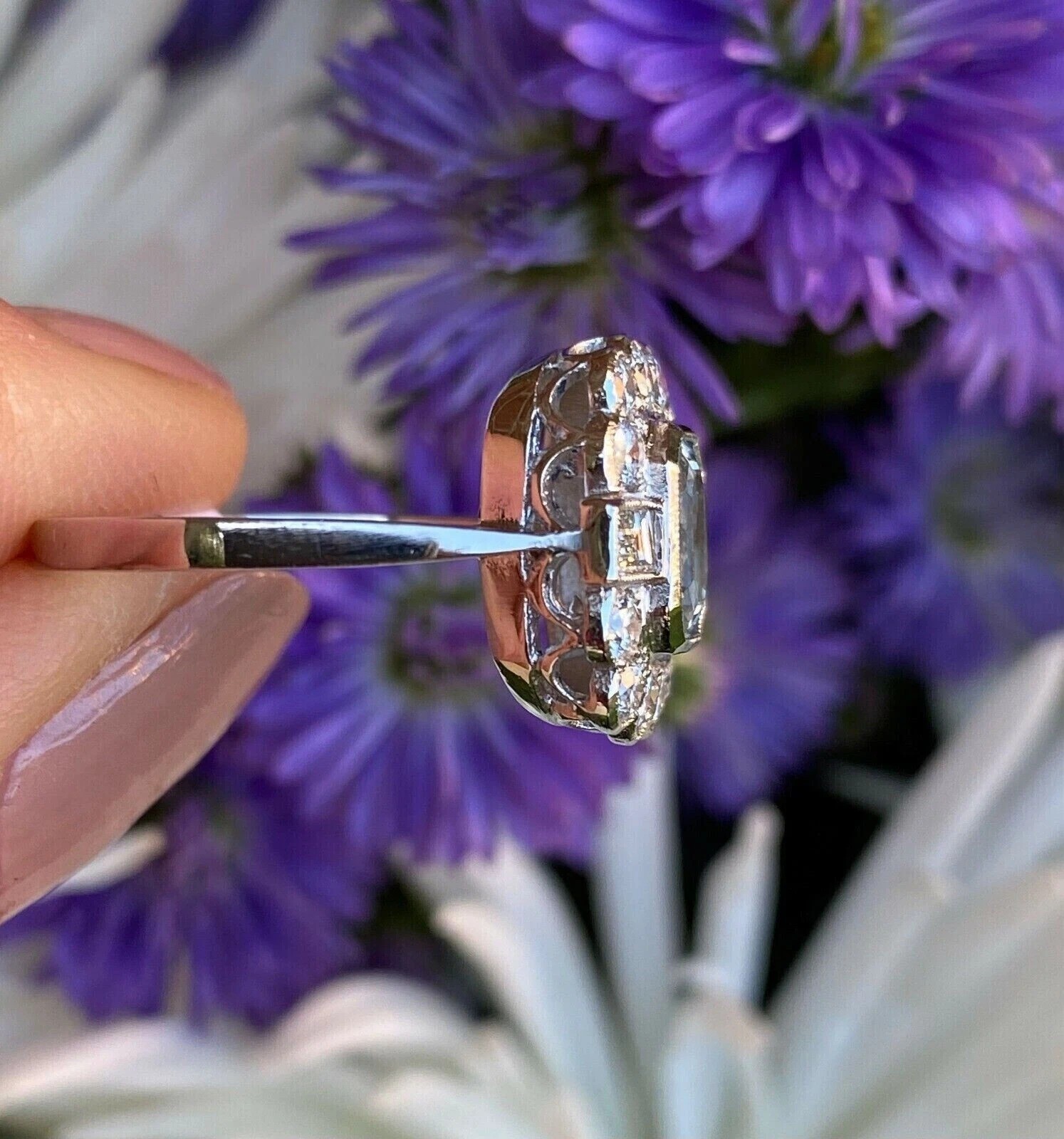 4Ct Art Deco Style Aquamarine Lab Created Diamond Wedding 14K White Gold FN Ring