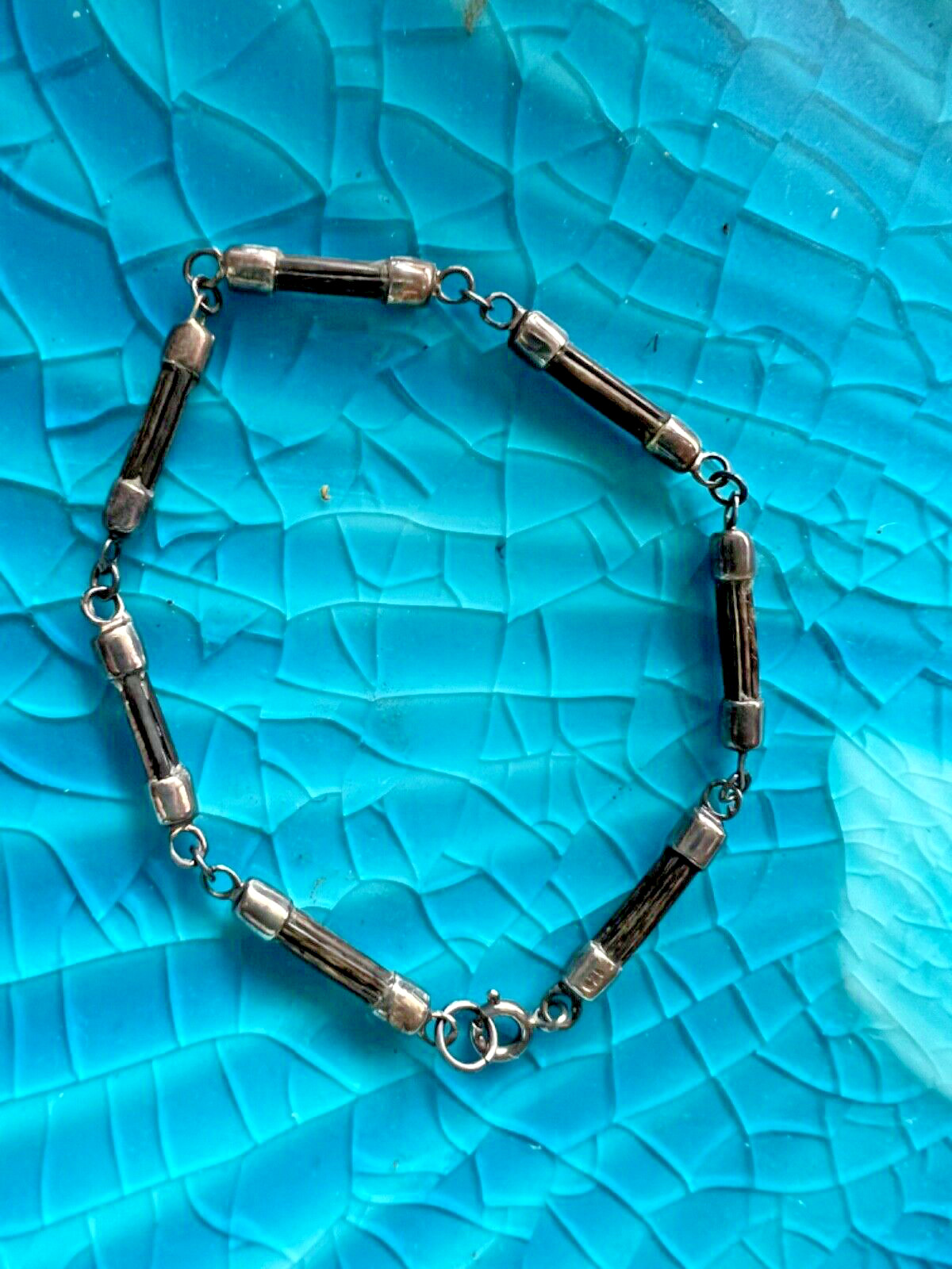 Unusual old sterling links with Buffalo bone, hair, horn Antique bracelet