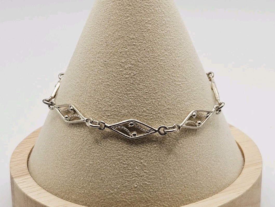 Sterling Silver Vintage Filigree Angled Link 6mm Chain Bracelet 7″