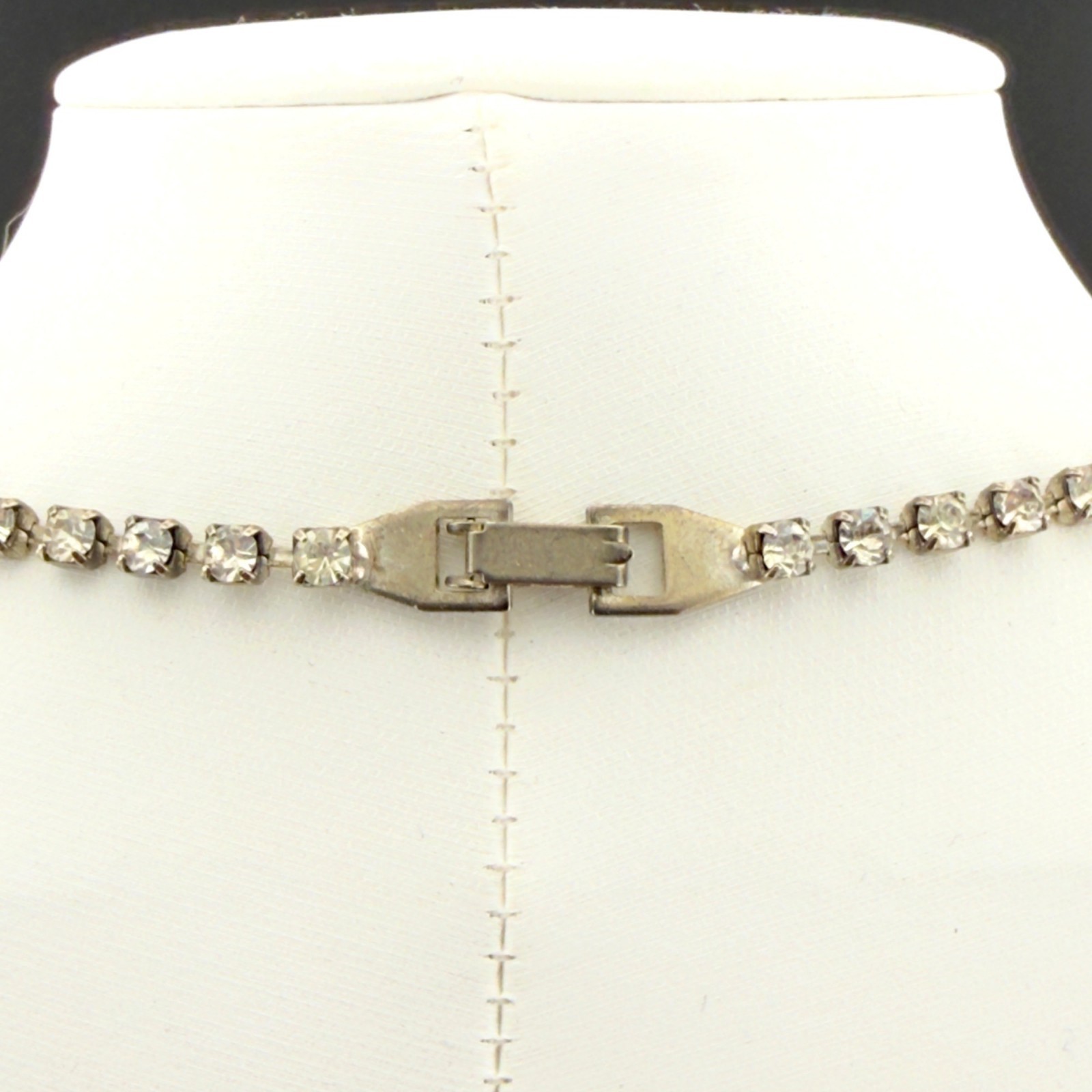 Vintage Blue Clear Rhinestone Necklace V Shape Silver Tone 16-Inch