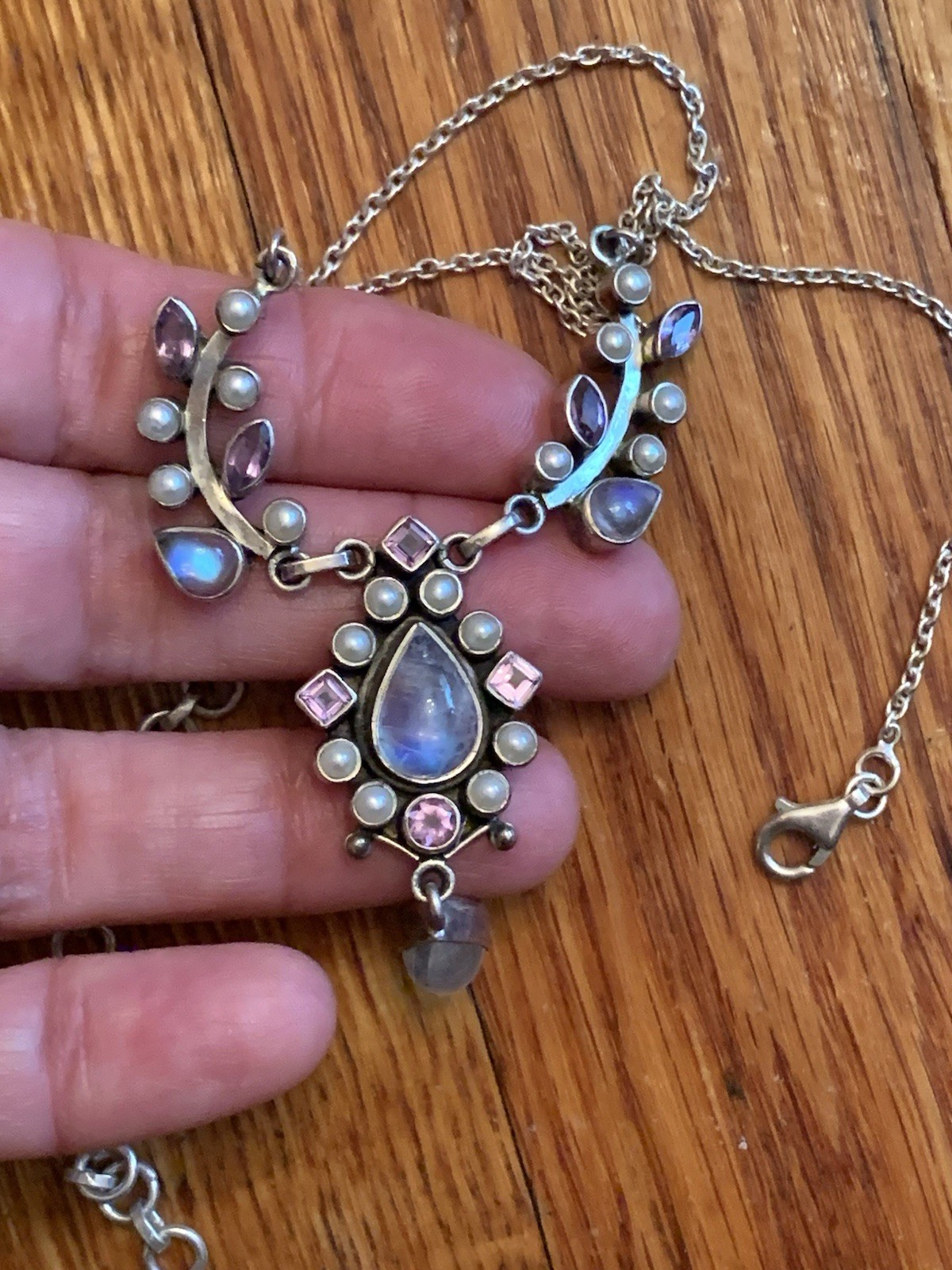 Sterling multi gem necklace vintage made in India. rare. Amethyst, moonstone