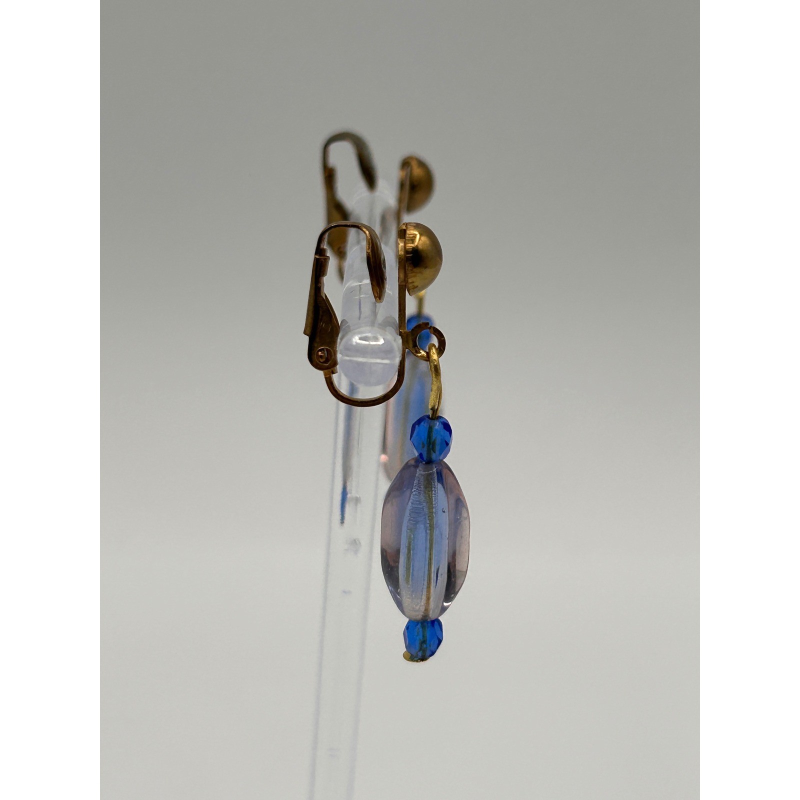 Vintage Gold Tone Blue Clear Beaded Dangle Drop Clip On Earrings