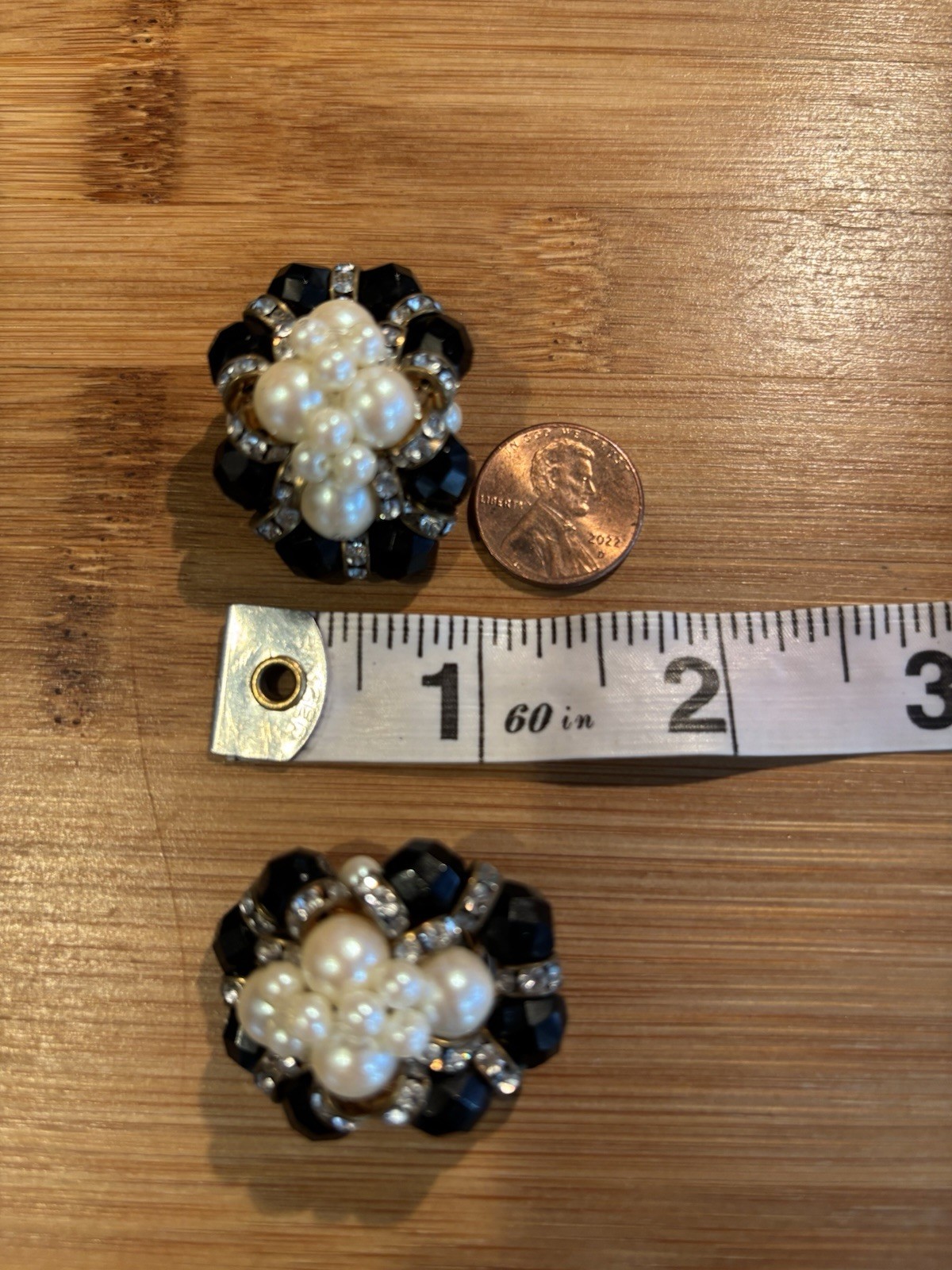 Vintage Muti- Faceted Black Cluster Bead Faux Pearl Earrings with Rhinestones