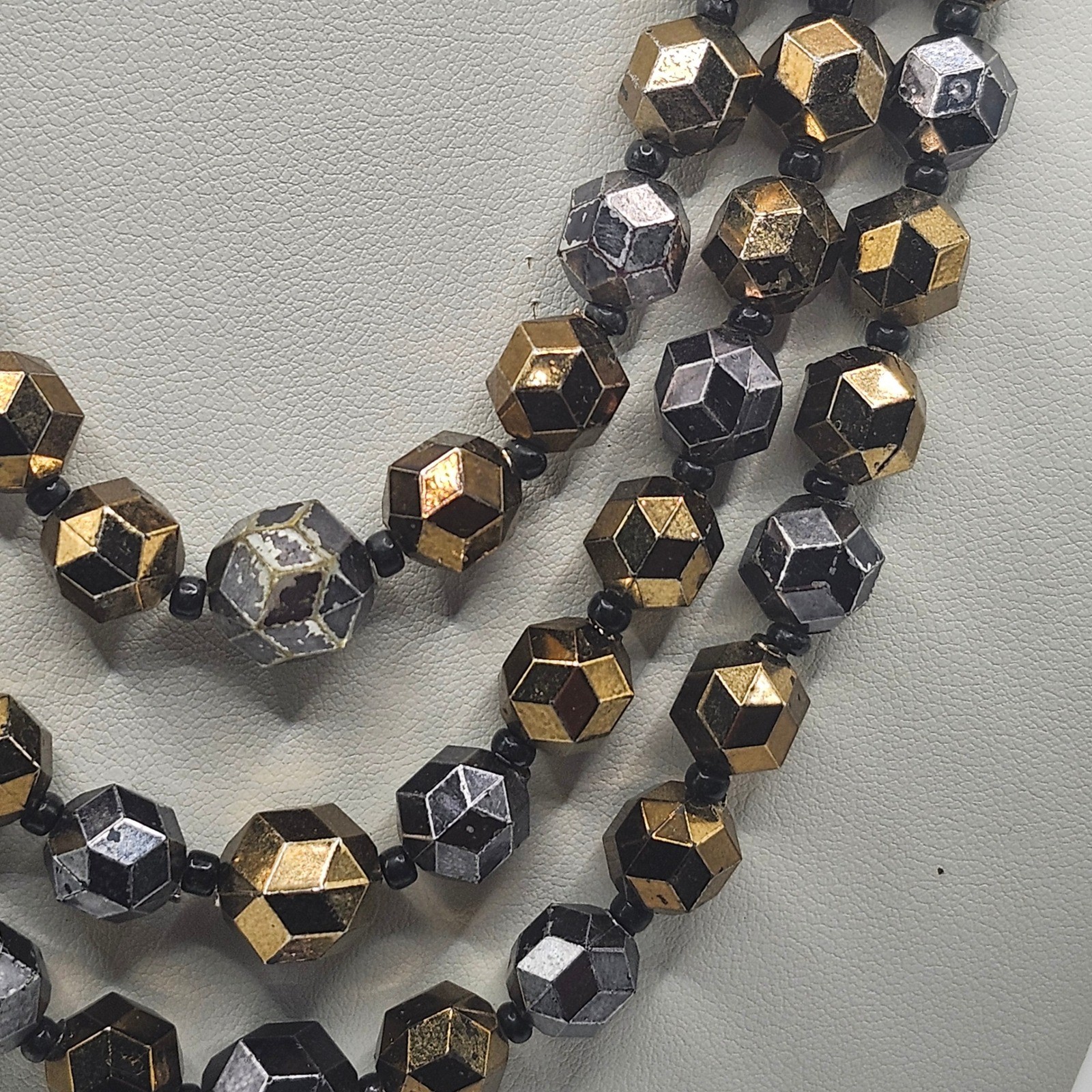Vintage W Germany Multi Strand Beaded Necklace Gold Silver Tone Geometric READ