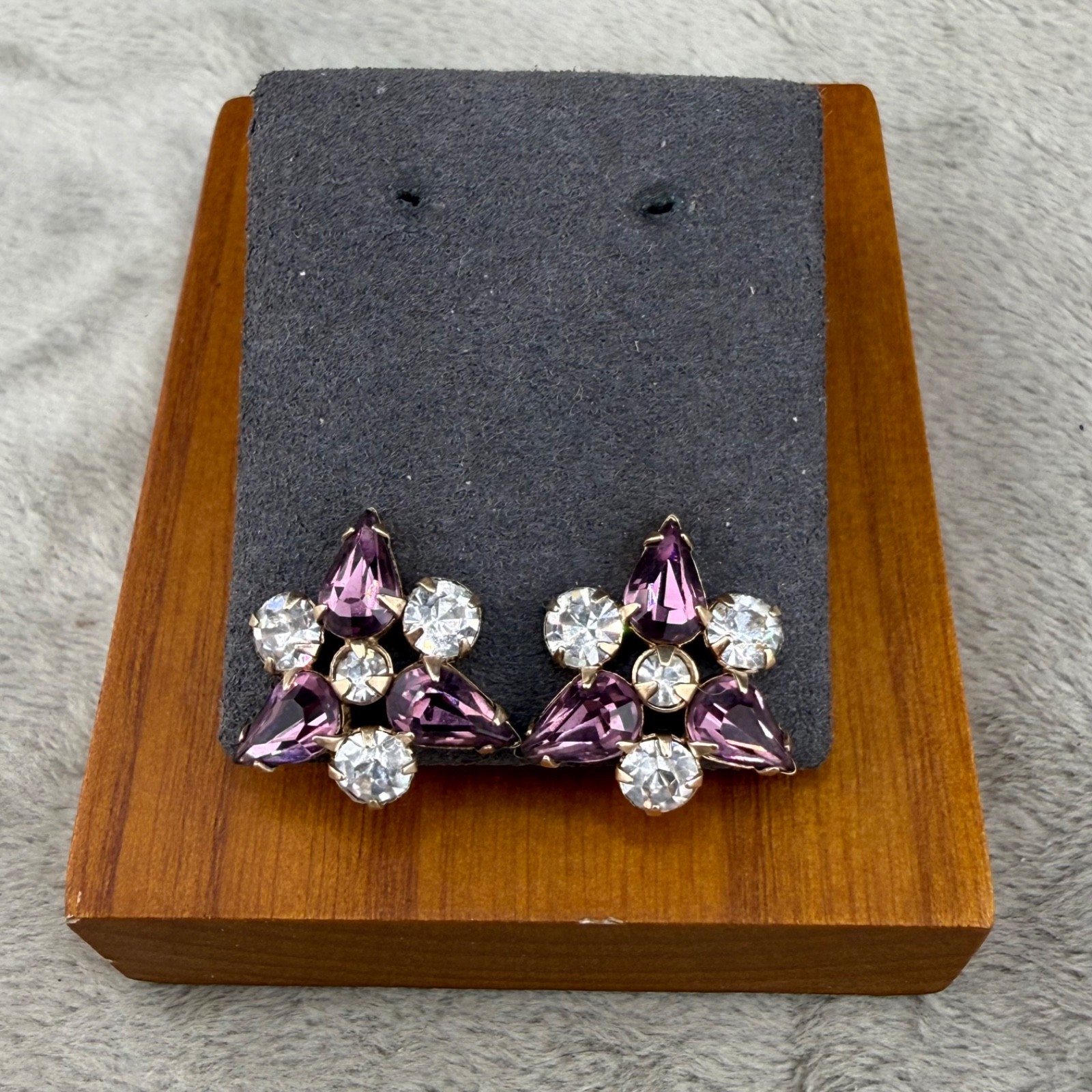 Vintage Gold Filled Screw Back Earrings Purple Rhinestone Signed Phyllis