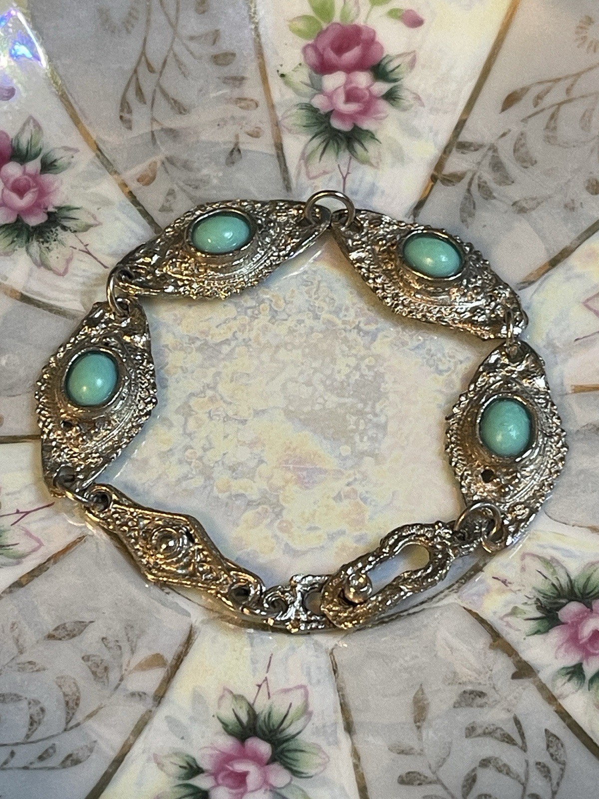 1960’s Faux Turquoise Cabochon Ornate Silver-Tone Link Panel Bracelet 7”