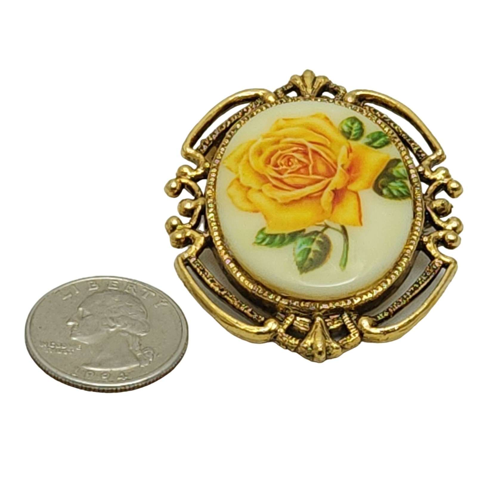Vintage Yellow Rose Cameo Brooch Gold Tone Ornate Pin Romantic Gift for Her