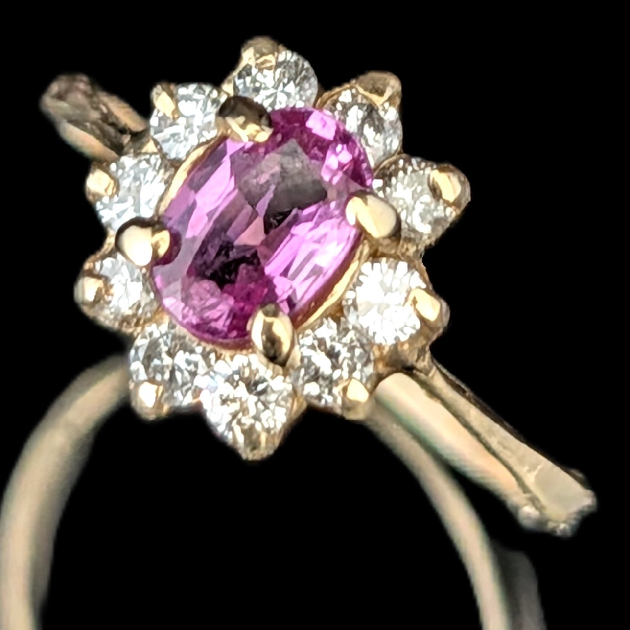 Vintage Pink Sapphire Diamonds 14k Yellow Gold Halo Ring Estate Jewelry Gift