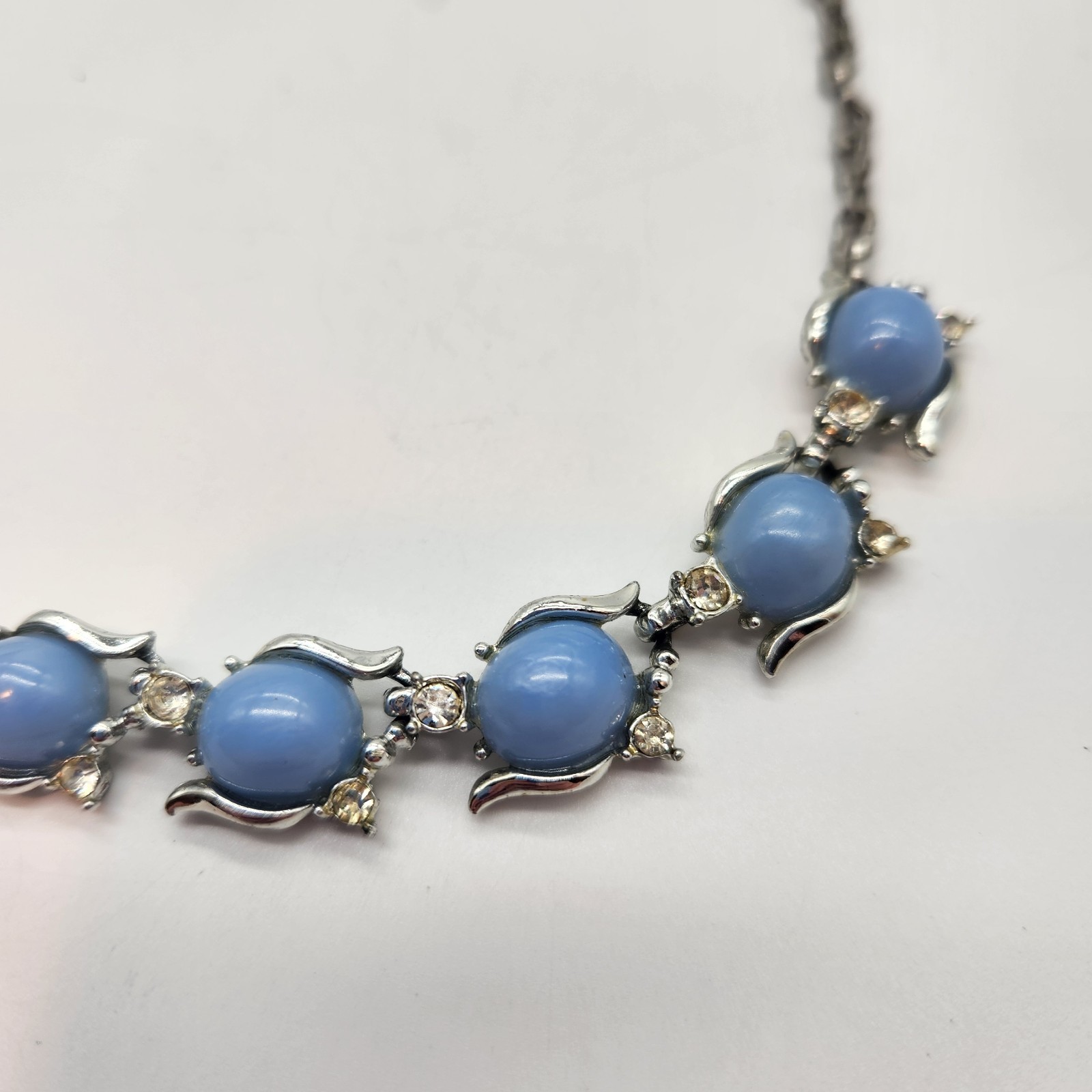 Vtg Blue Cabochon Rhinestone Necklace Silver Tone Mid Century Statement Choker