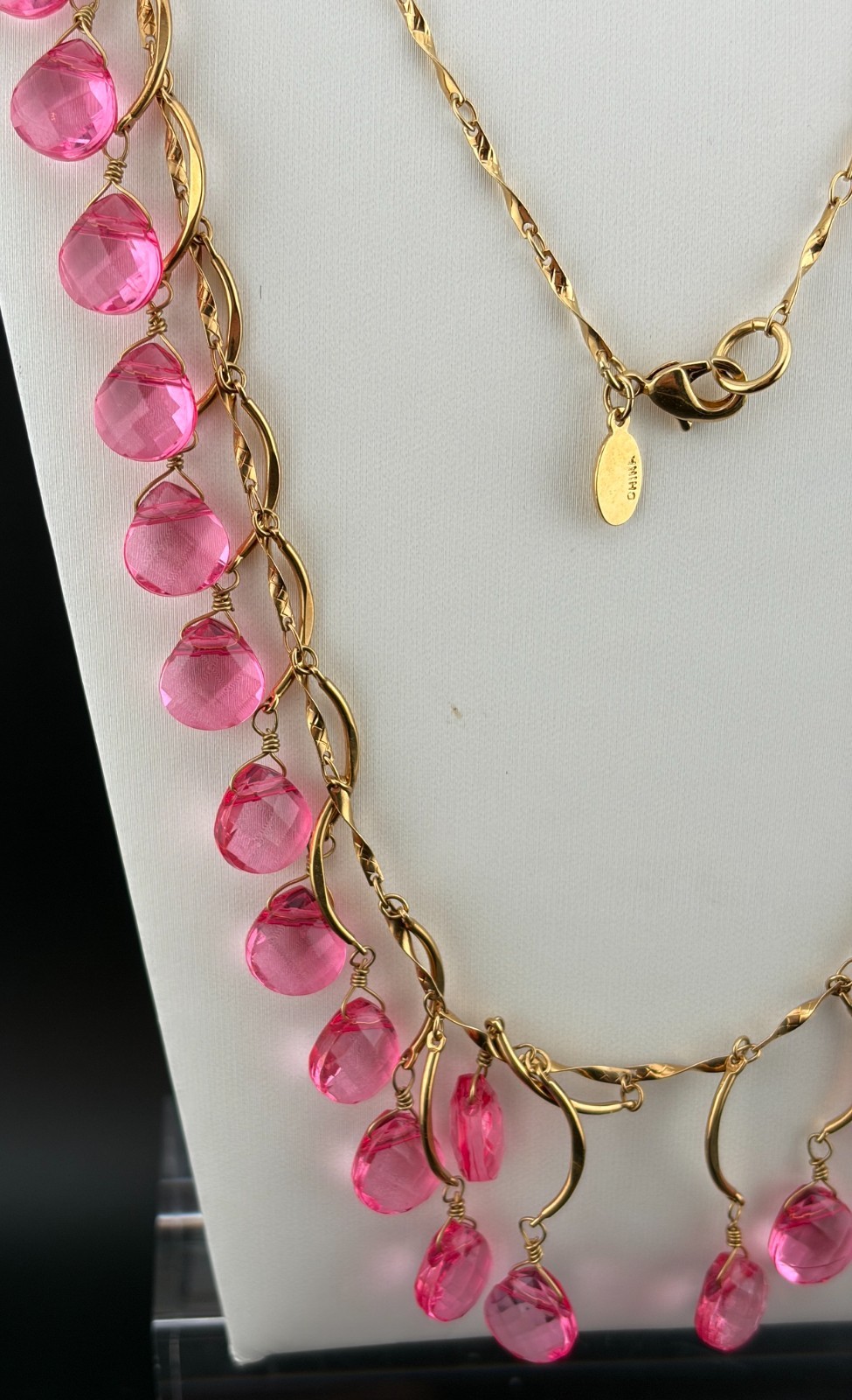 Nolan Miller Long Necklace Vtg Gold Tone Pink Faceted Acrylic/Resin Bead Signed