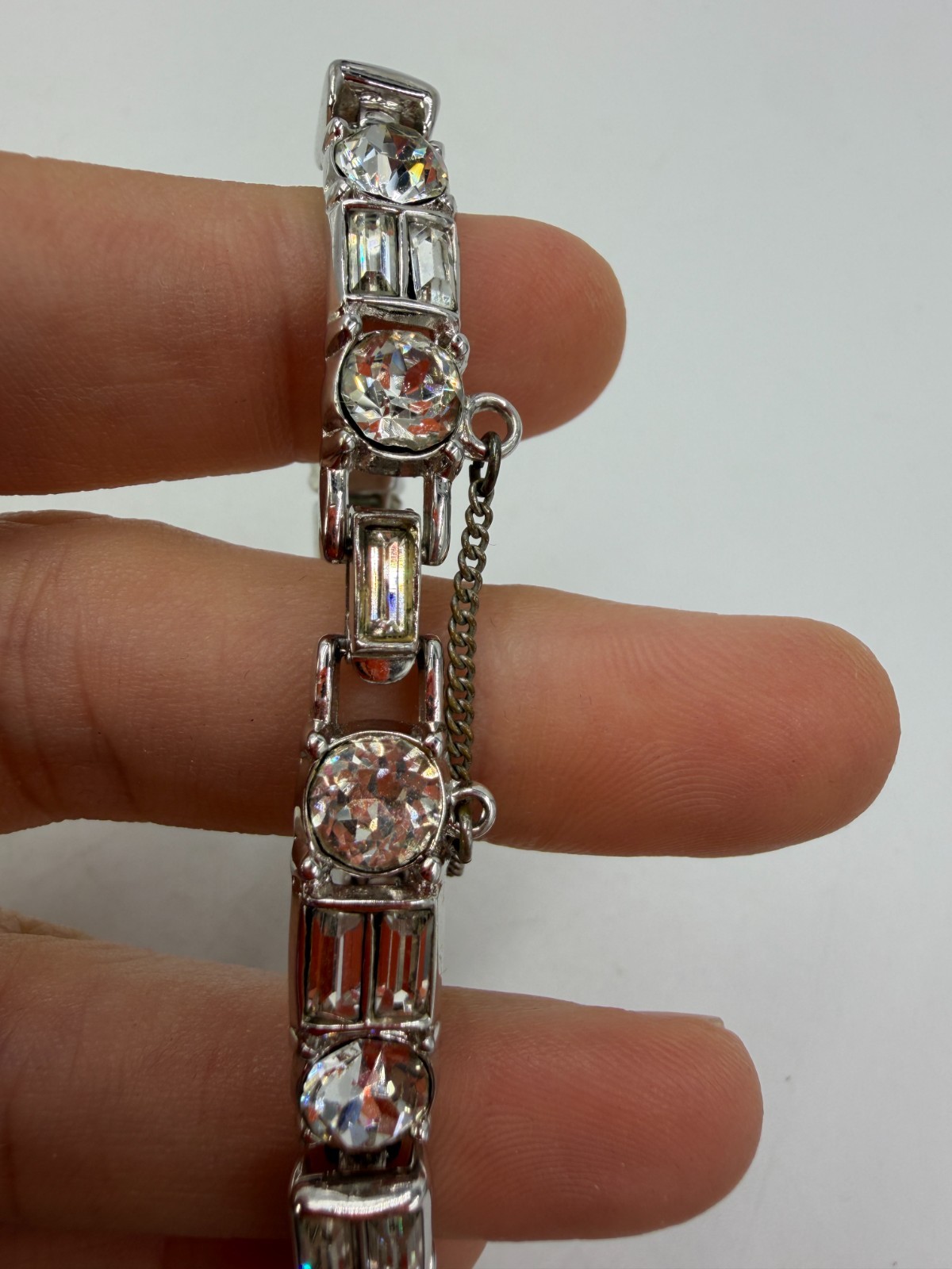 Vintage Bracelet Trifari Tennis Rhinestone Chain Silvertone 6.5 in PJ