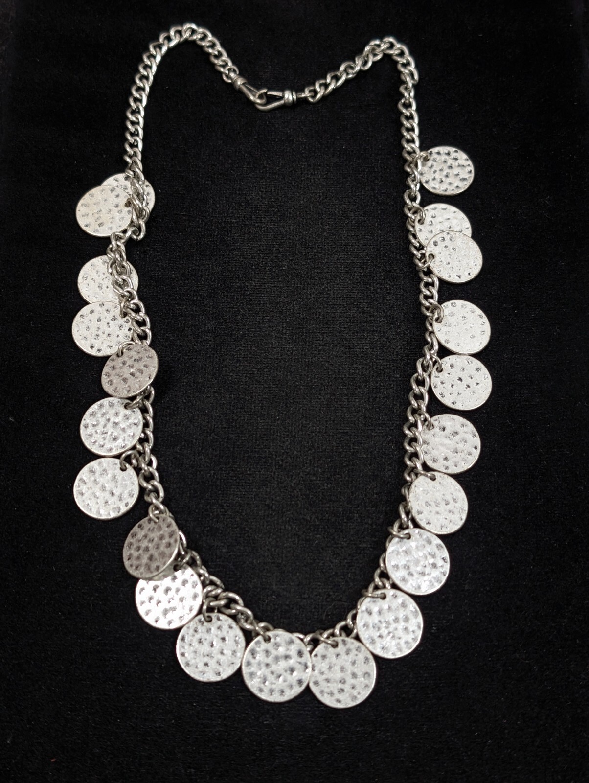 Boho Coastal Hammered Silver Tone Disc Round Charm Chain Necklace 21 in