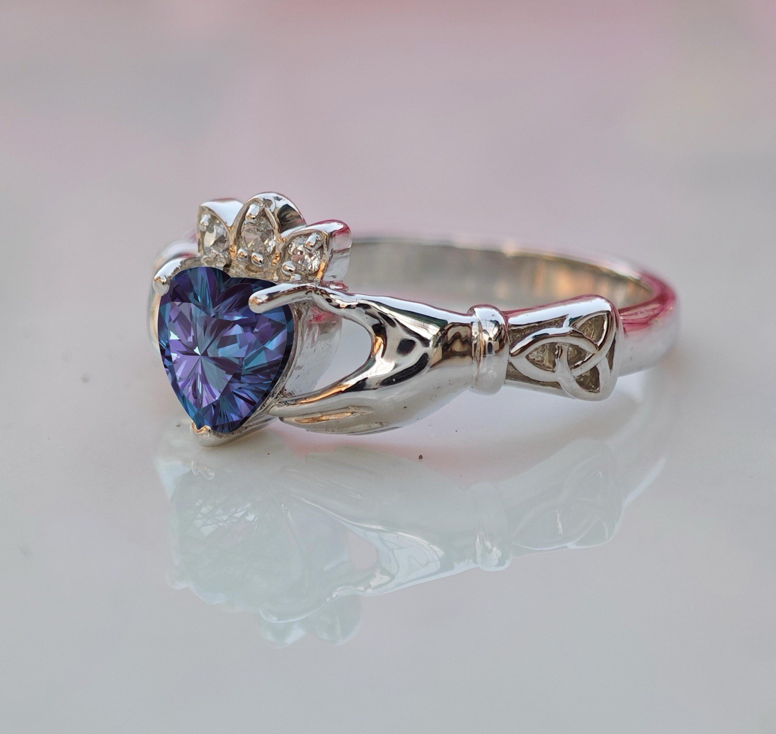 1 Ct Alexandrine Heart Shape Stone Celtic Claddagh Ring in 935 Argentium Silver