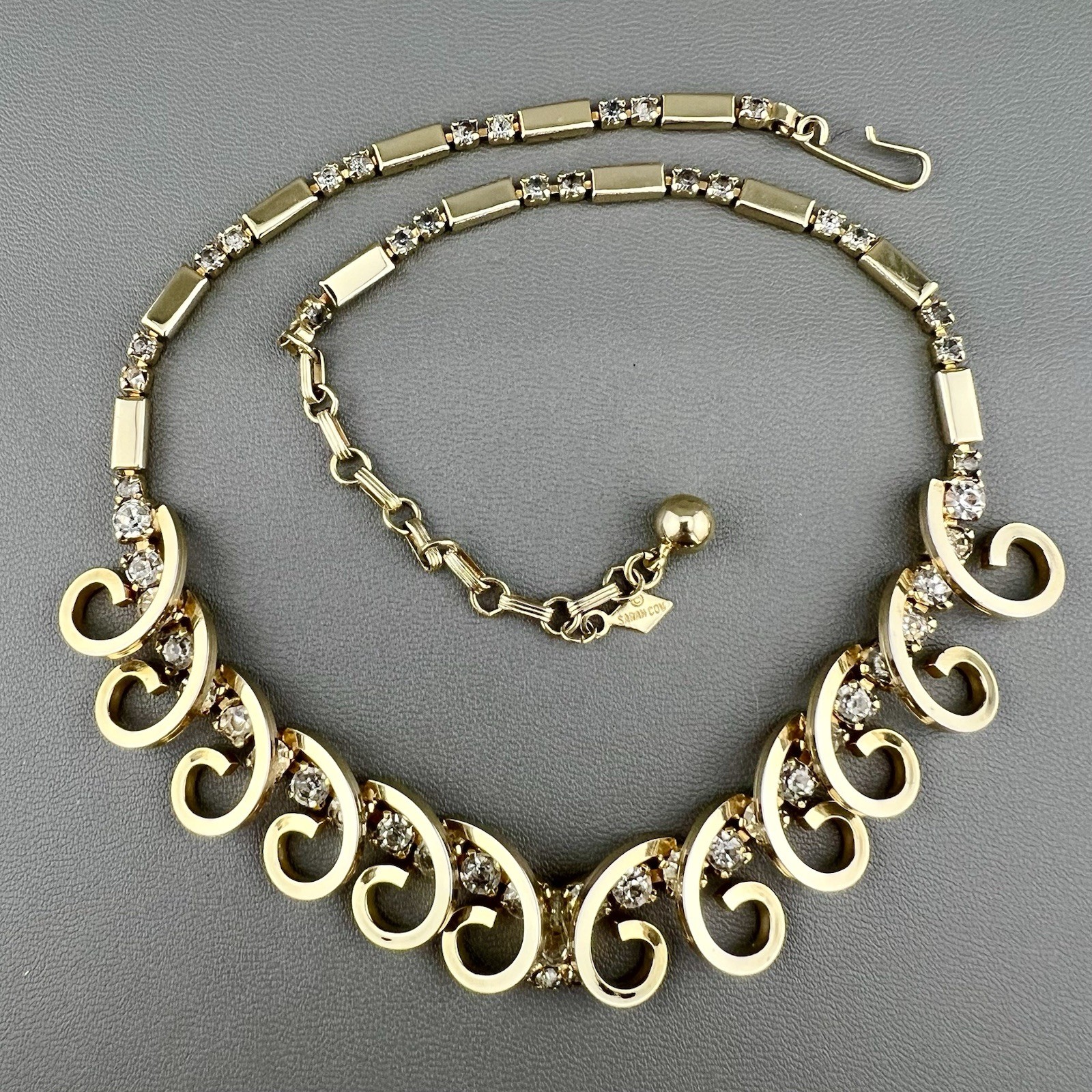 Vintage Sarah Coventry Necklace Celestial Fire Gold Tone Rhinestone 50s Signed