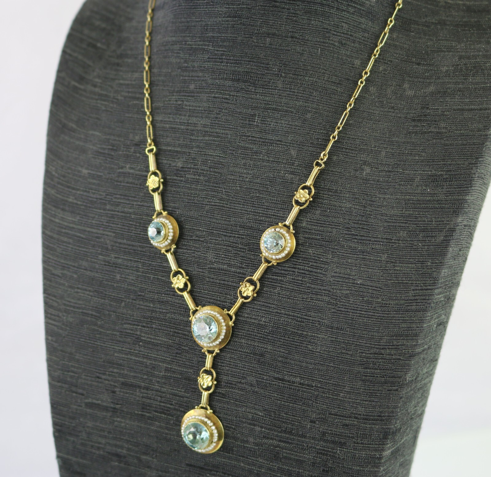Antique Edwardian 14K Gold Round Vivid Blue Zircons with Seed Pearls Necklace