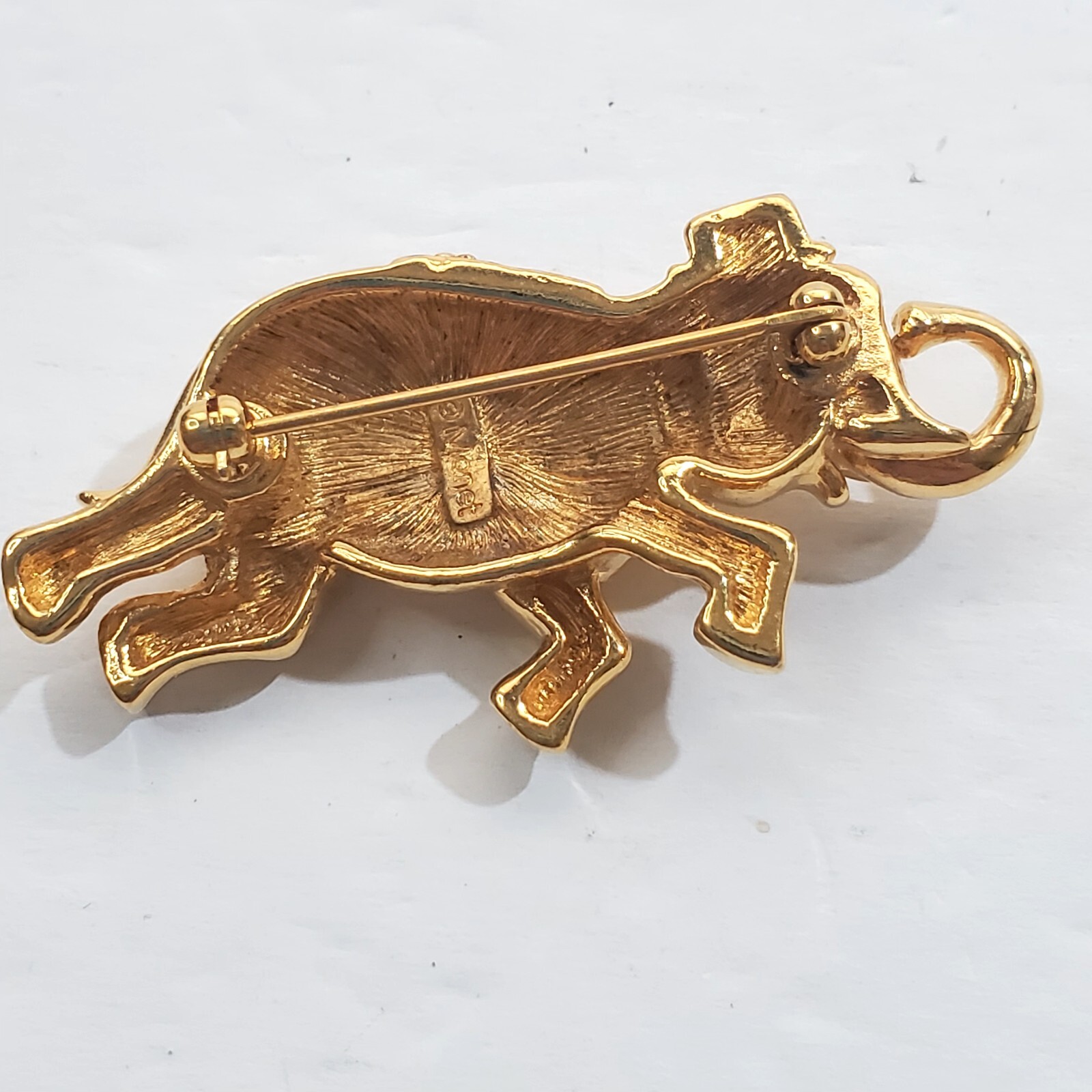 Vintage Monet Gold Tone Metal Enamel Clear Rhinestone Circus Elephant Brooch Pin