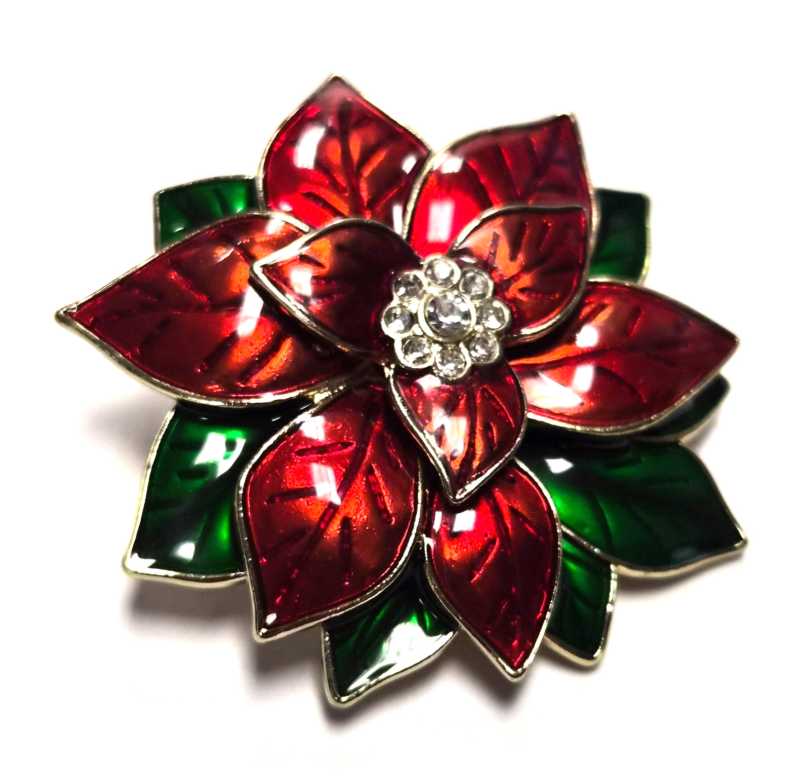Vintage 90’s Festive Christmas Rhinestone Poinsettia Flower Pin / Brooch