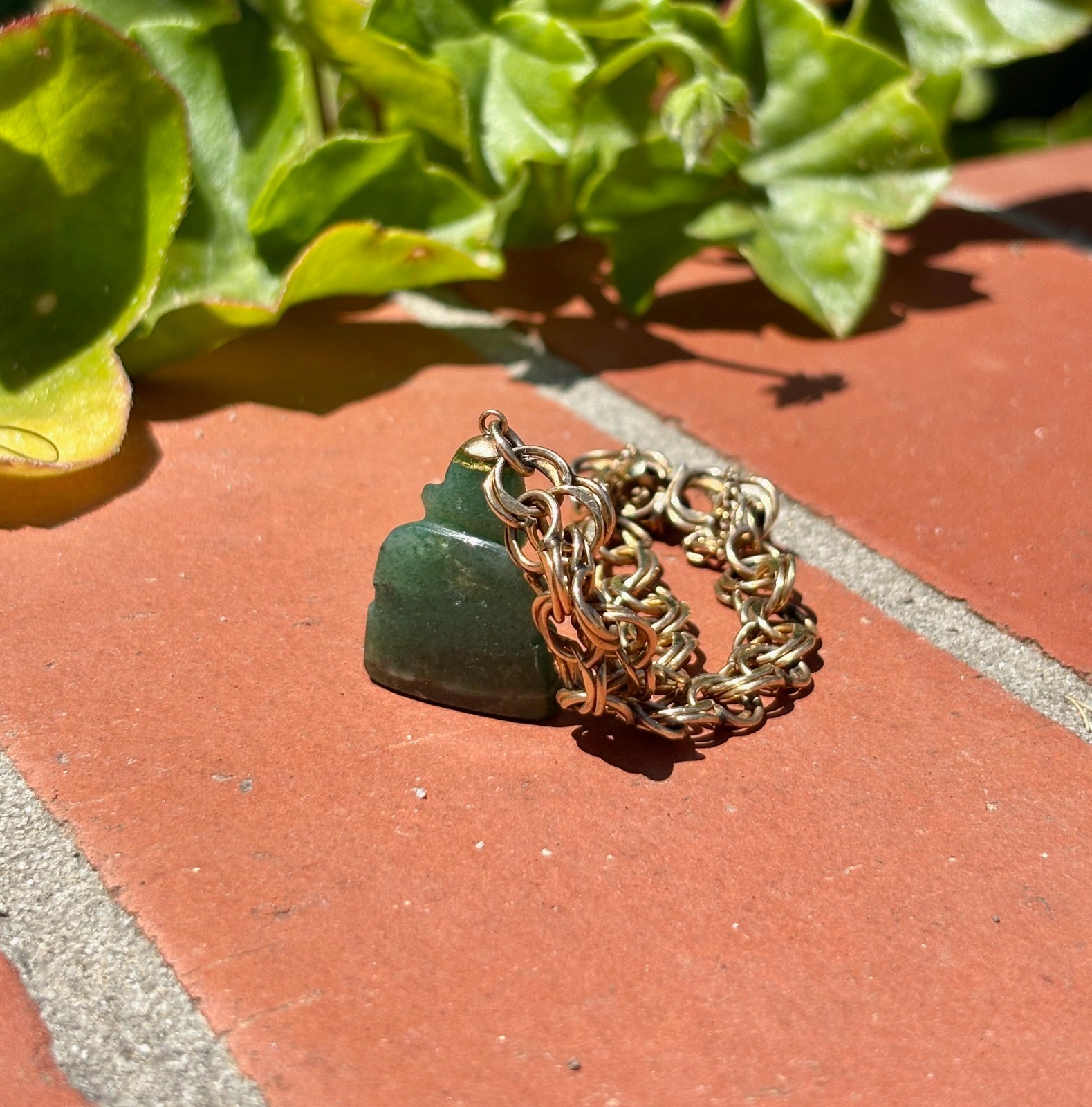 Vintage Double Link 12K 1/20 Gold Filled Green Carved Stone Charm Bracelet