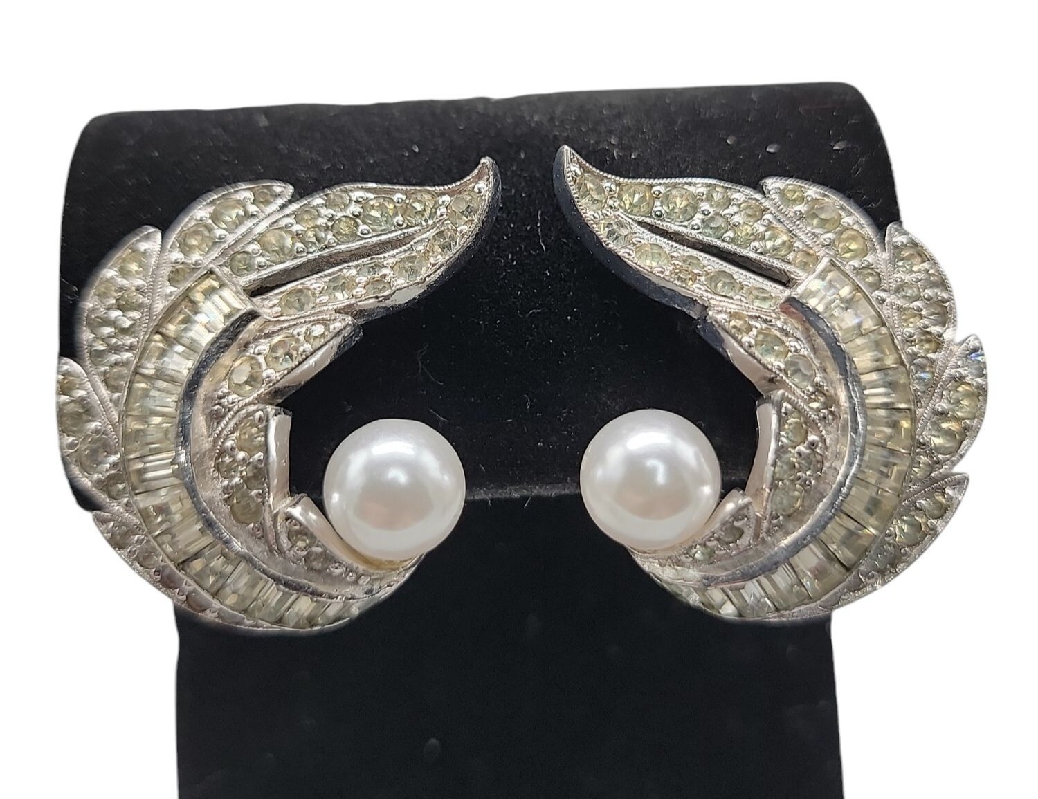 Jomaz Rhinestone Paved Winged Clip On Earrings Faux Pearl Accent Vintage Patent