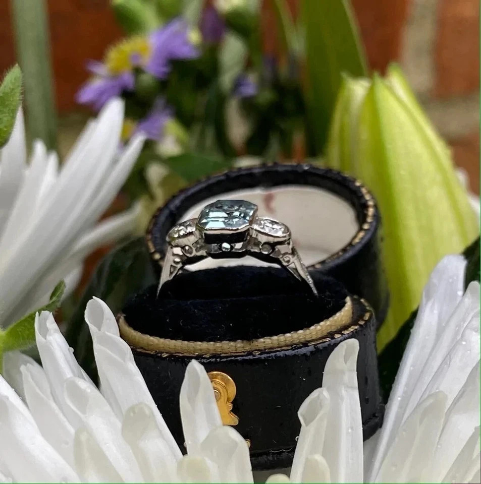 Art Deco Style 2.55Ct Lab Created Aquamarine Engagement 14K White Gold FN Ring