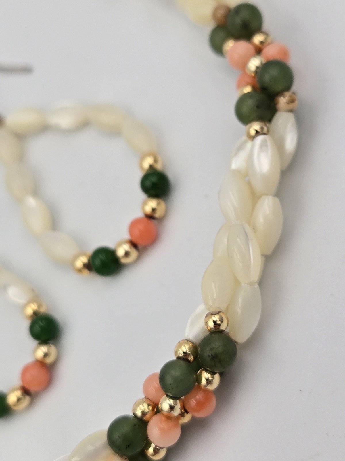 Vintage Mother of Pearl Rice Bead Braided Bracelet & Earrings Set Coral Jade…