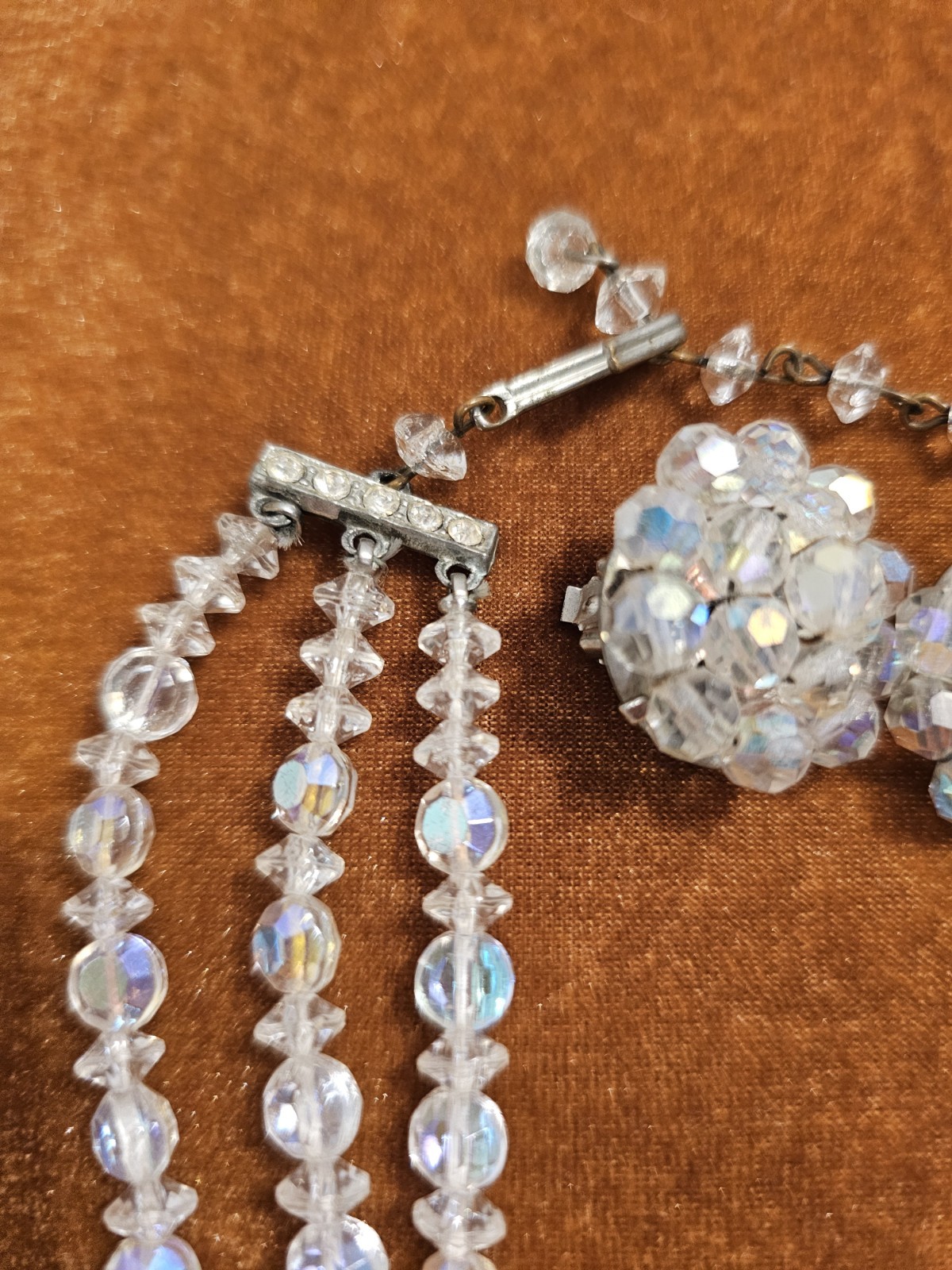 Vintage 8″ 3-Strand, Iridescent Beaded Choker And Matching Clip Earrings