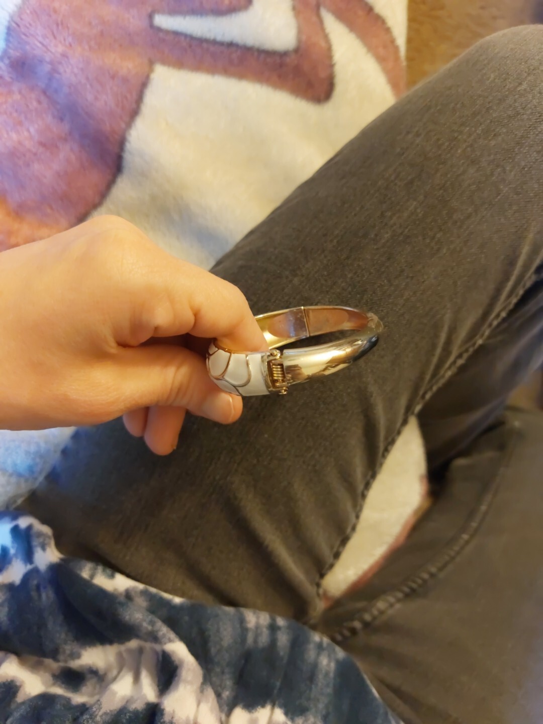 White & Silver, “S” Enamel Painted, Alloy Metal Hinged Bangle Bracelet