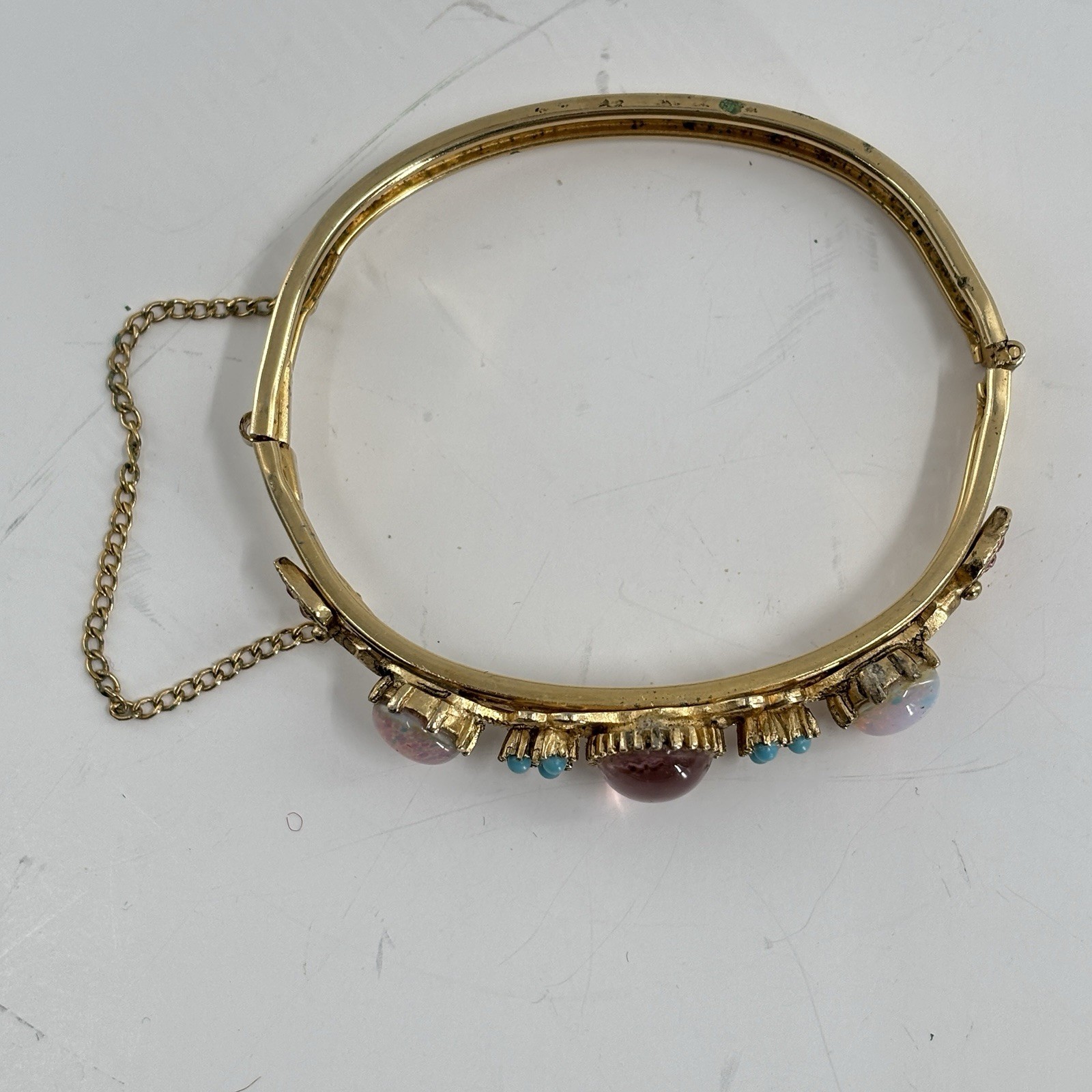 Vintage Florenza Bracelet Bangle Goldtone Filigree Safety Chain Faux Opal