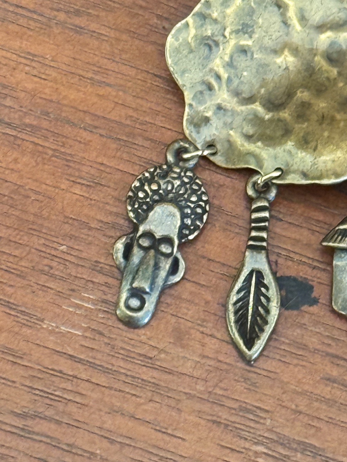 Vintage Hammered Metal Primitive African Charm Brooch And Earrings Set As Is