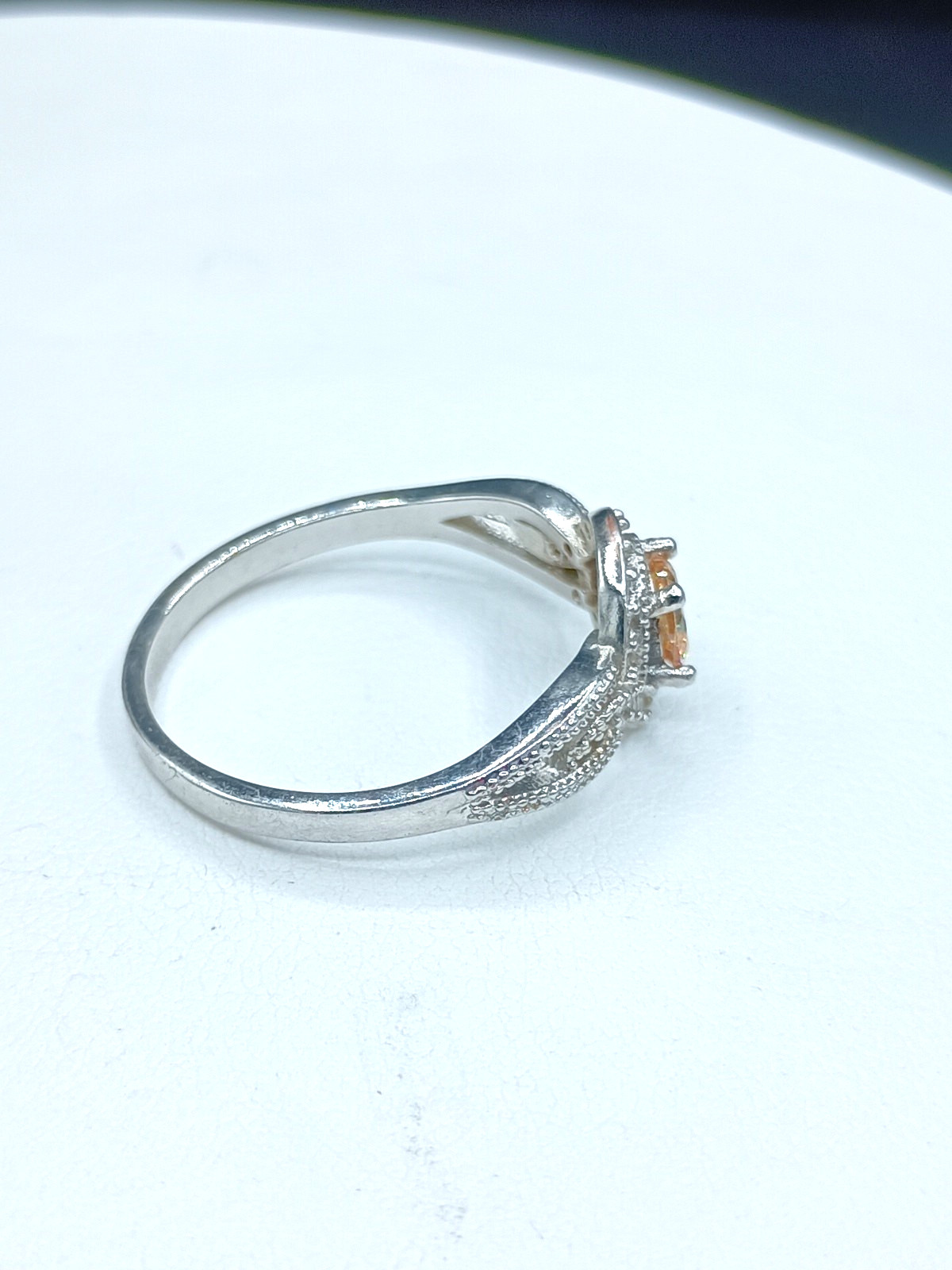 Champagne Clear Halo CZ Stone Cocktail Ring Fancy Split Shank Silver Tone Sz 10