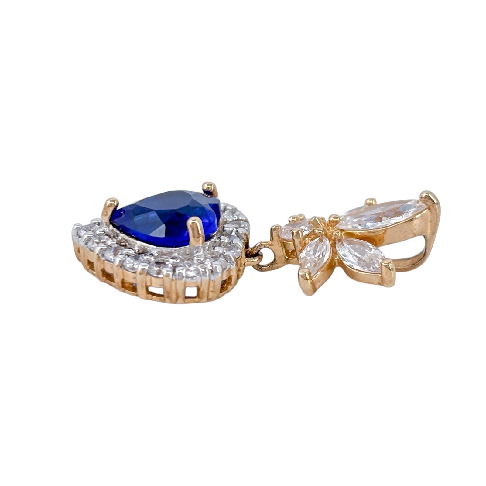 Vintage Gold-Plated Sterling Silver 925 White Blue Heart Cubic Zirconia Pendant