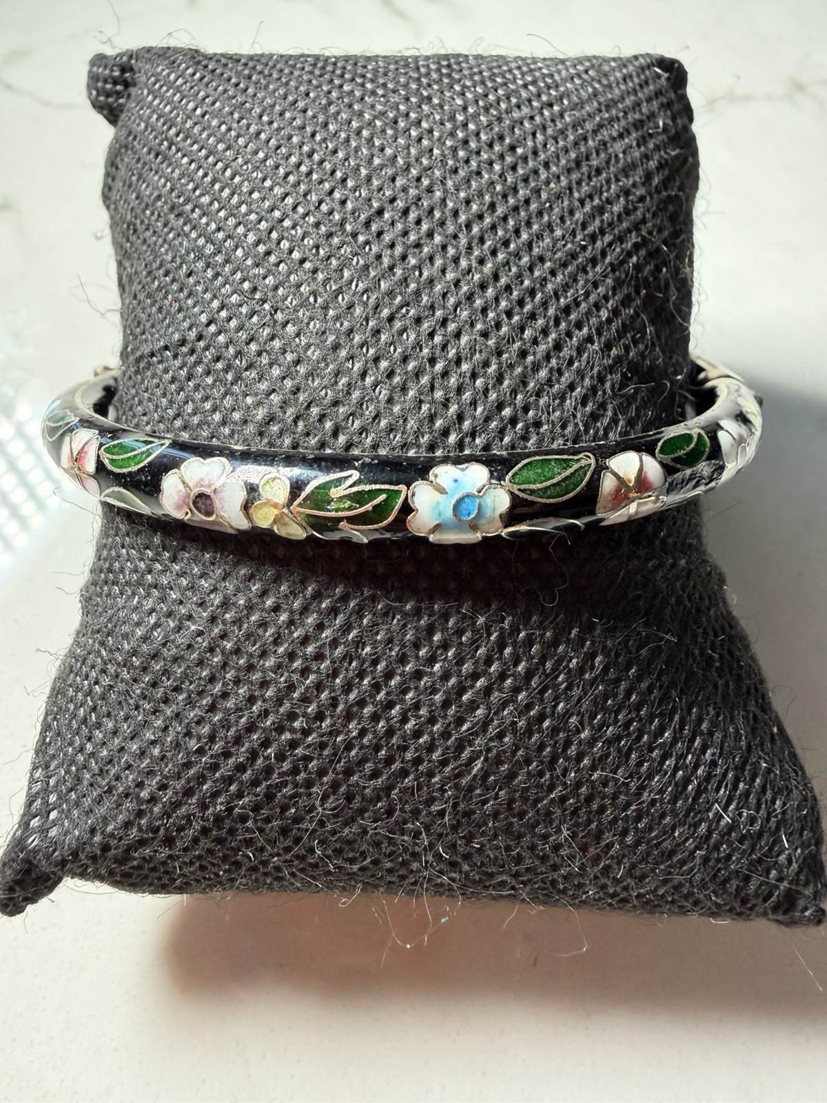 Vintage Cloisonne Enamel Floral Hinged Bangle Bracelet Black Background 2.8in