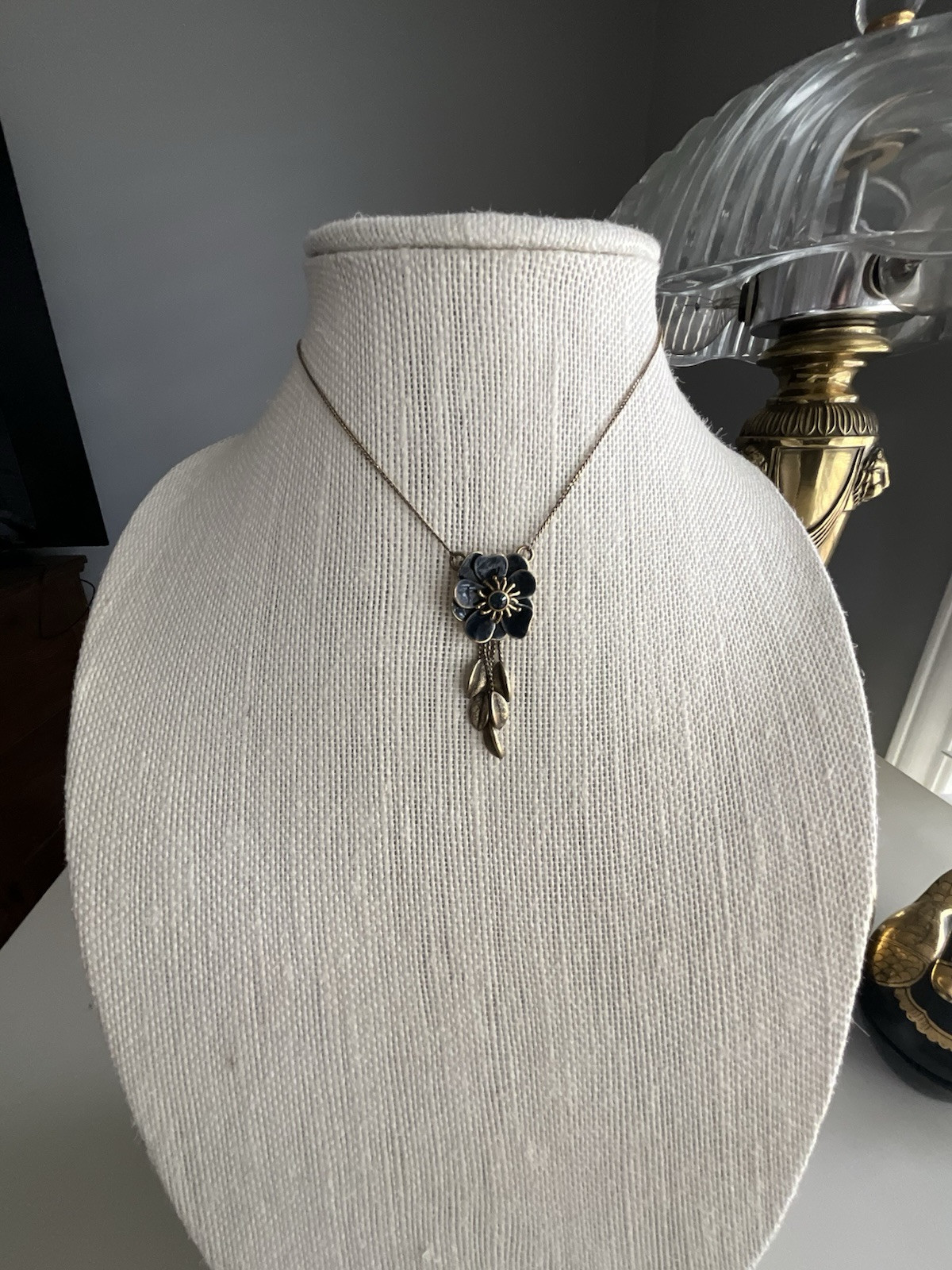 Double Signed Pilgrim Gold Tone Necklace With Blue Enamel Flower Rhinestone Ctr