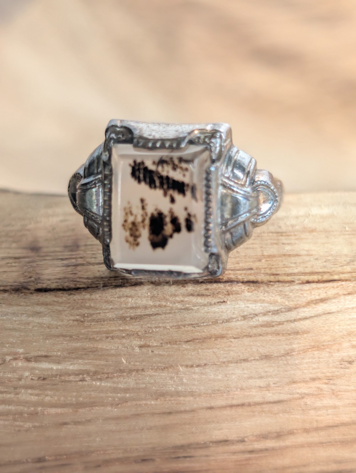 Vintage Sterling Silver Art Deco Moss Agate Ring Size 5