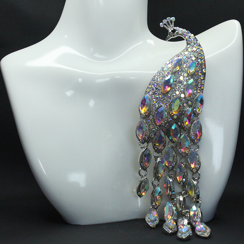Vintage Long Tailed Silver Crystal Peacock Tassel Brooch Women Accessories Pin
