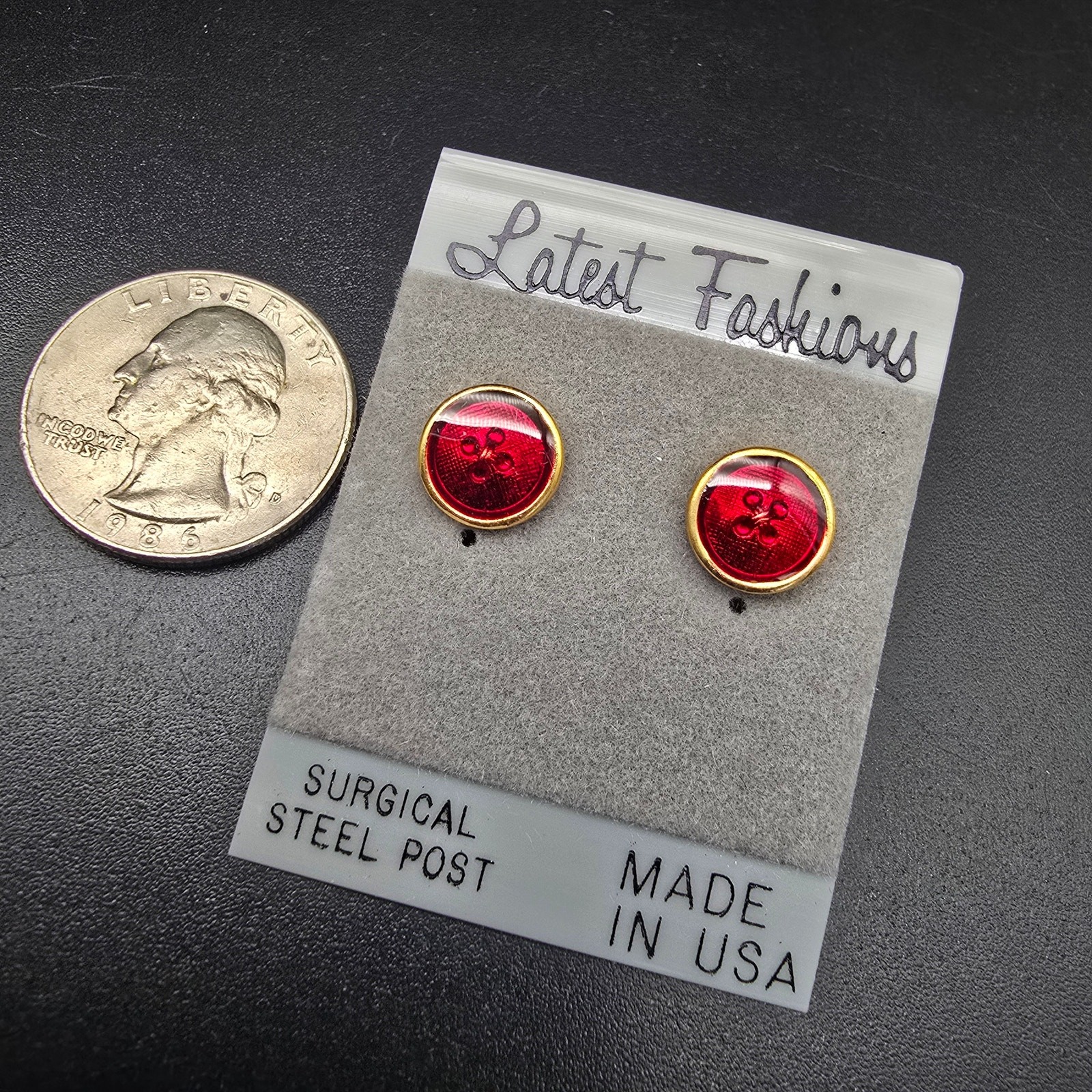 Red Enamel Button Stud Earrings Pierced Vintage 1980s 1990s NOS On Card