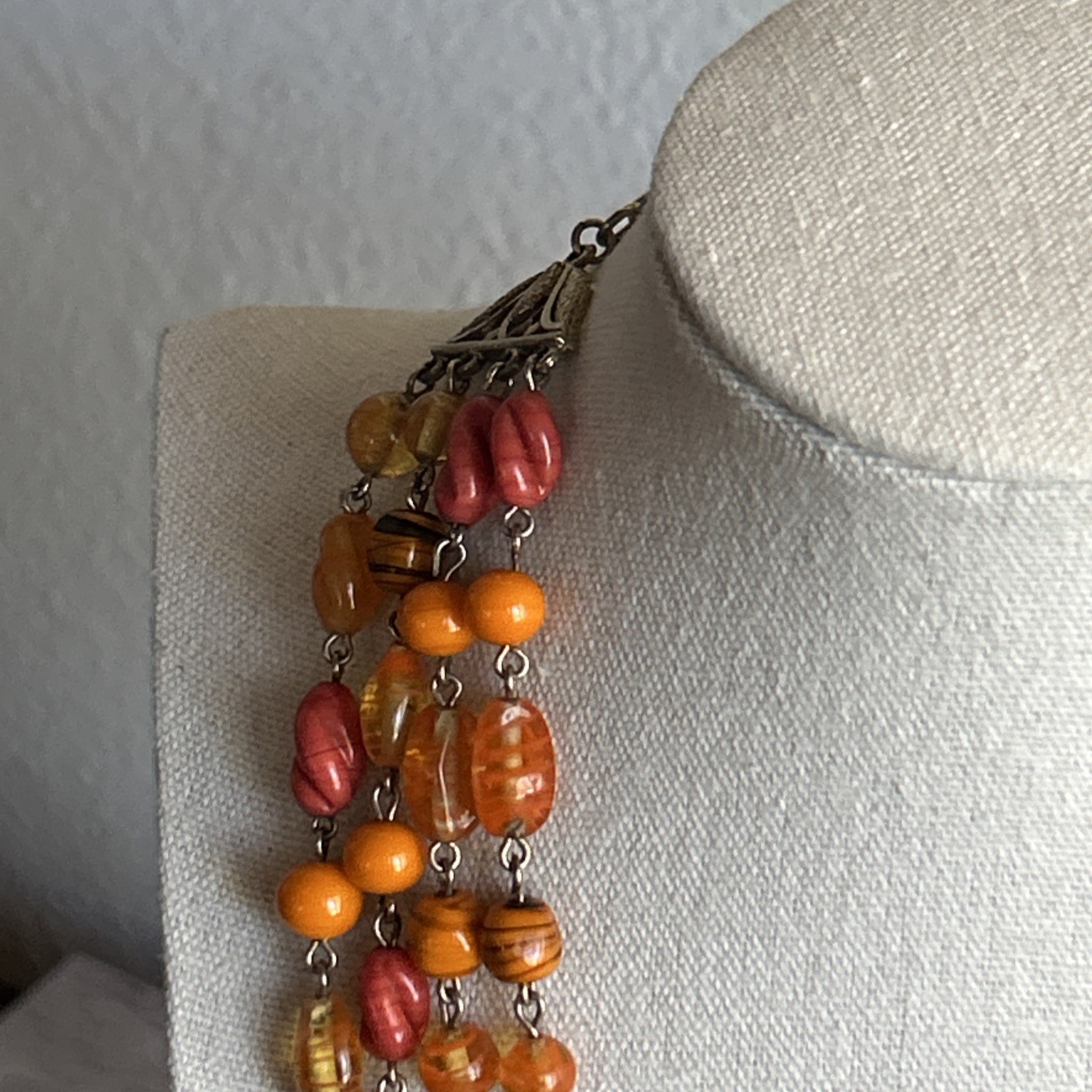 Multi Strand Glass Bead Necklace Orange Yellow Coral Vintage Statement Jewelry