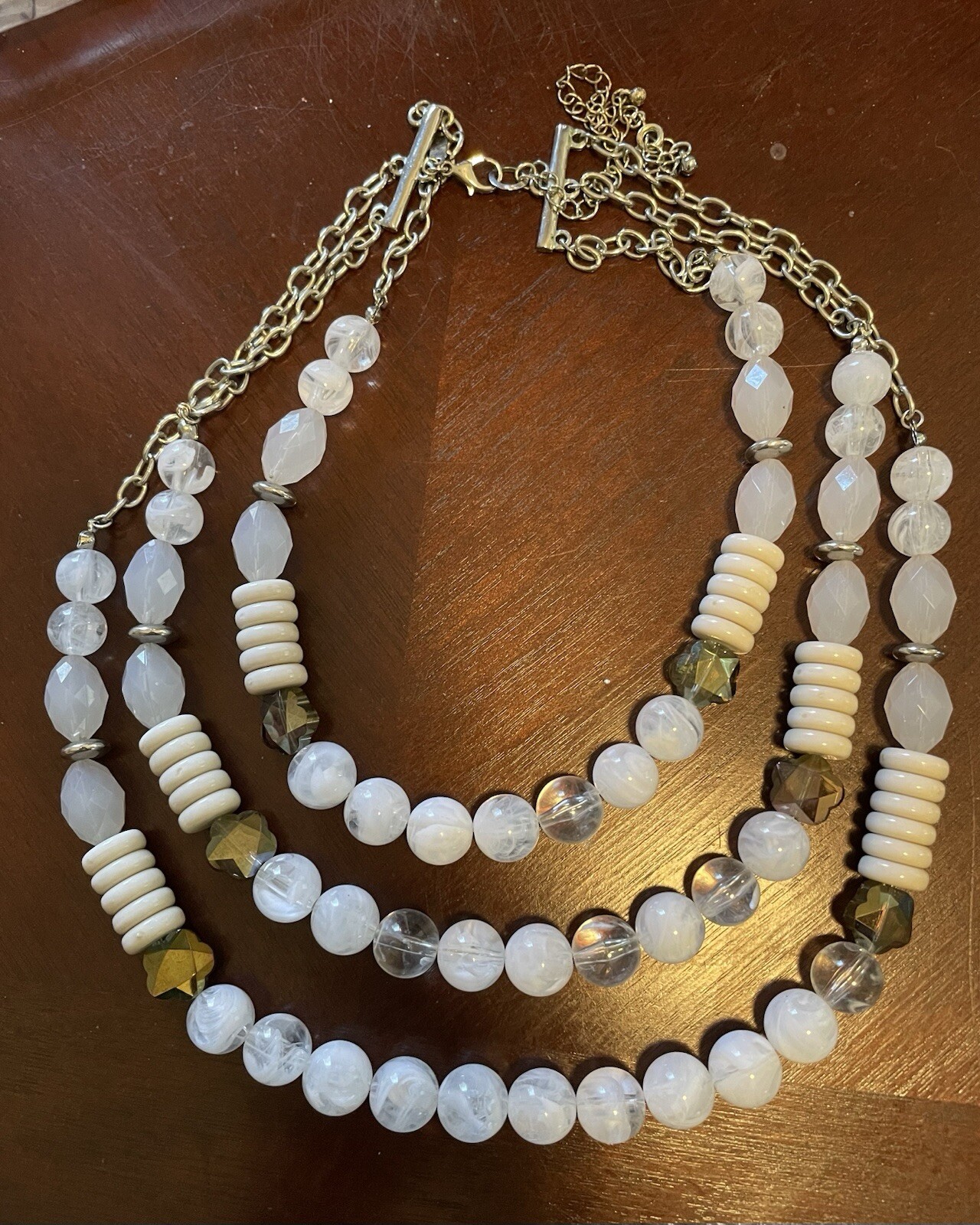 Lani Three Strand Necklace/Silvertone 17” /Various Material