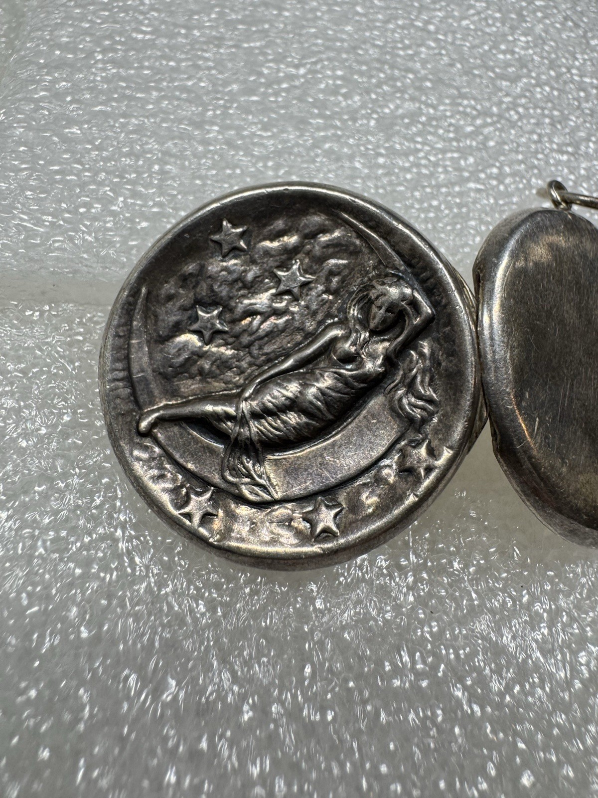 Antique Sterling Silver Art Nouveau Repousse Lady Crescent Moon & Stars Locket