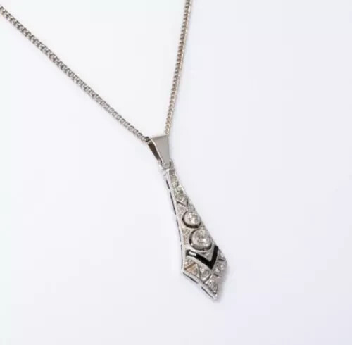 Art Deco Style Lab Created Diamond & Sapphire Wedding 14K White Gold FN Pendant