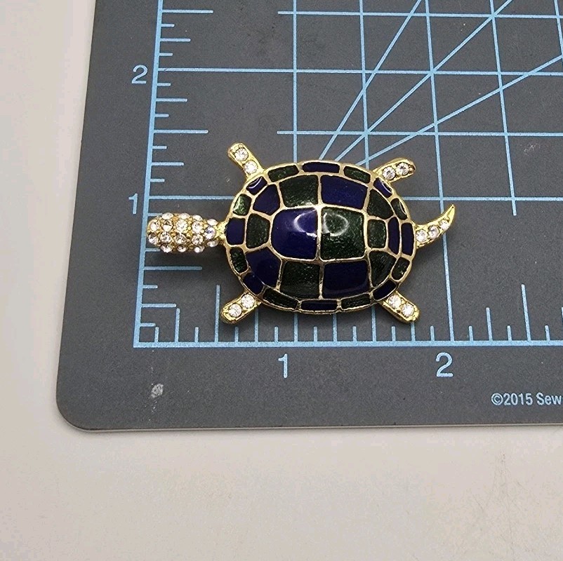 Vintage Turtle Brooch Pin Blue Green Enamel Gold Tone Clear Rhinestones