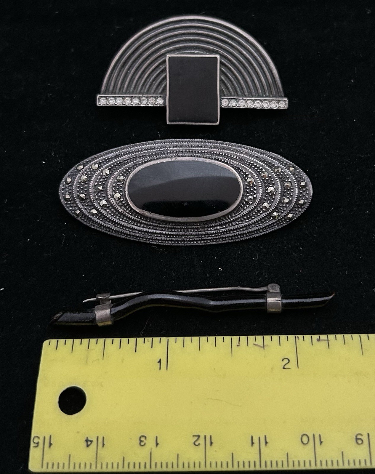 2 Sterling Deco style Pins & Oval with Marquesetes + Coral pin with Sterling