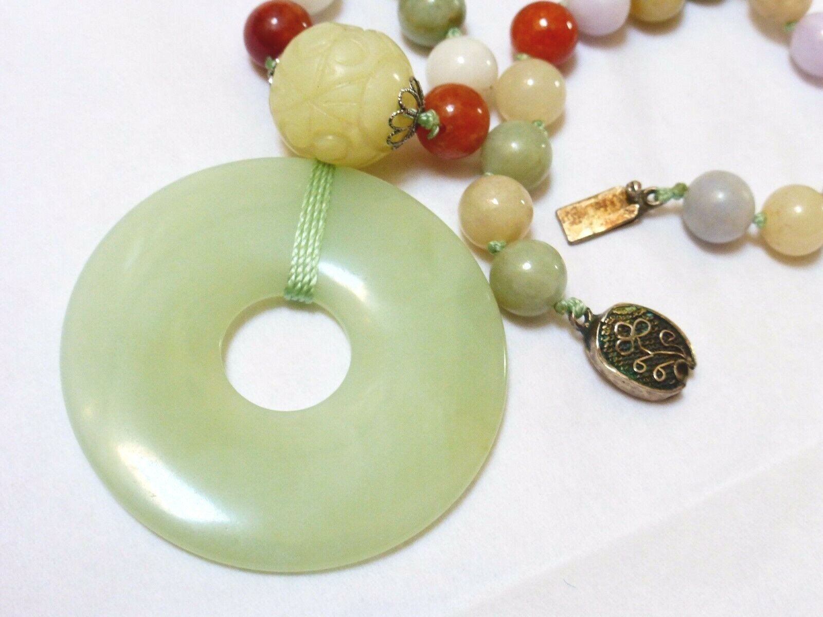 Vintage Chinese Multi-Color Jade 9mm Beads Necklace Pendant, Silver Clasp, 25″