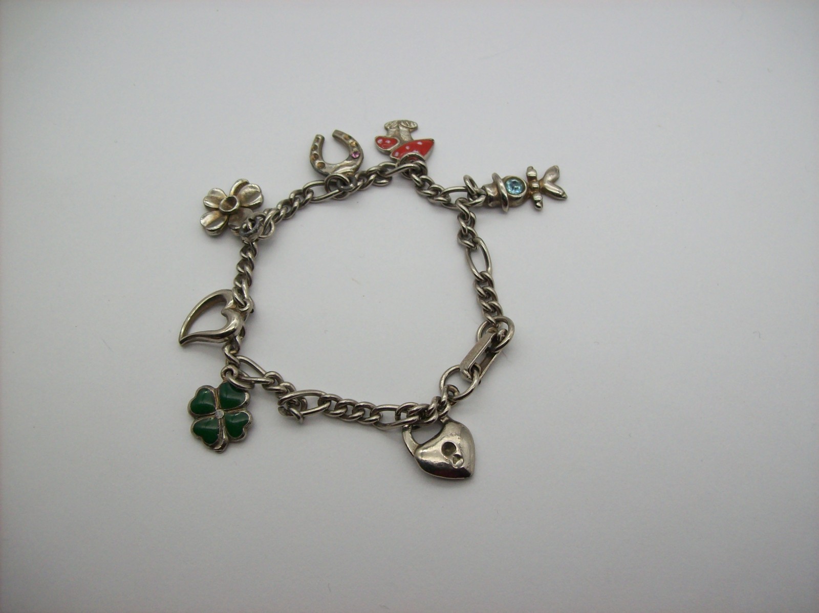 Vintage Silvertone Mix GOOD LUCK Charm Bracelet, Enamel, some made in Germany