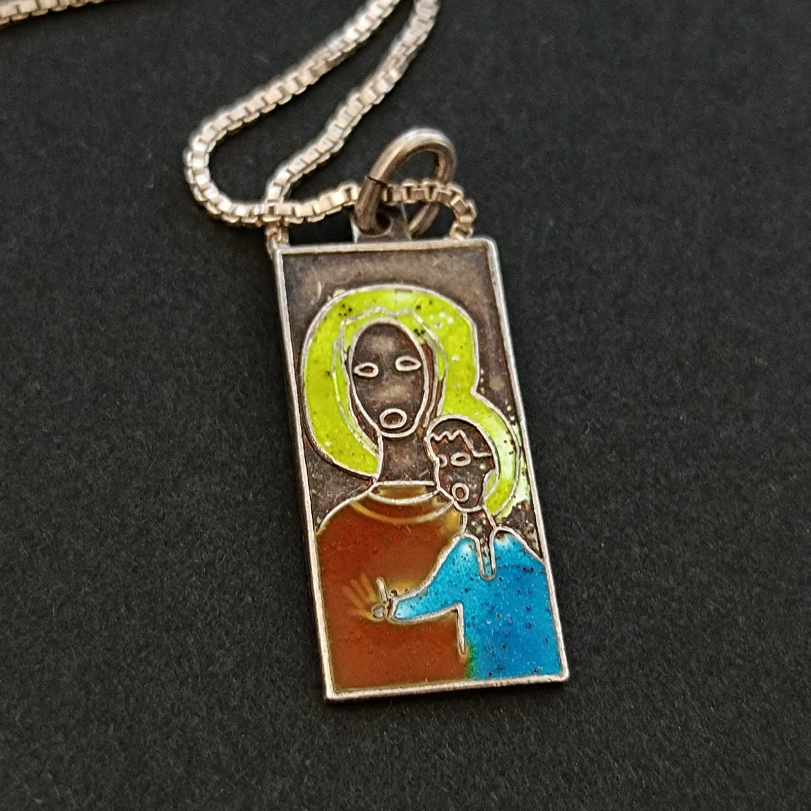 VTG 950 Silver Enamel Necklace Modernist Woman Child Artisan Abstract Pendant