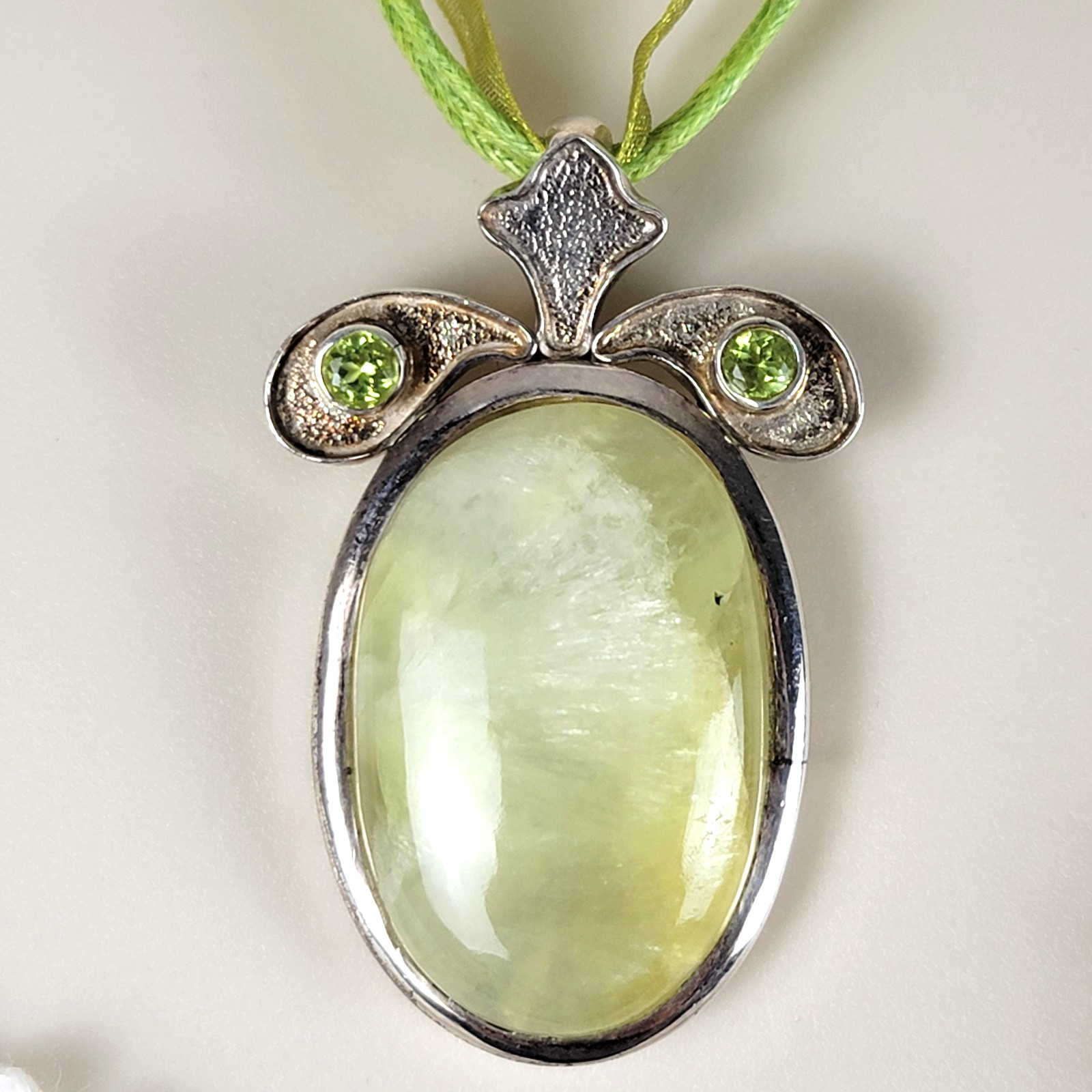 Vintage Prehnite Peridot Statement Pendant 925 Sterling Silver Large Boho 25g