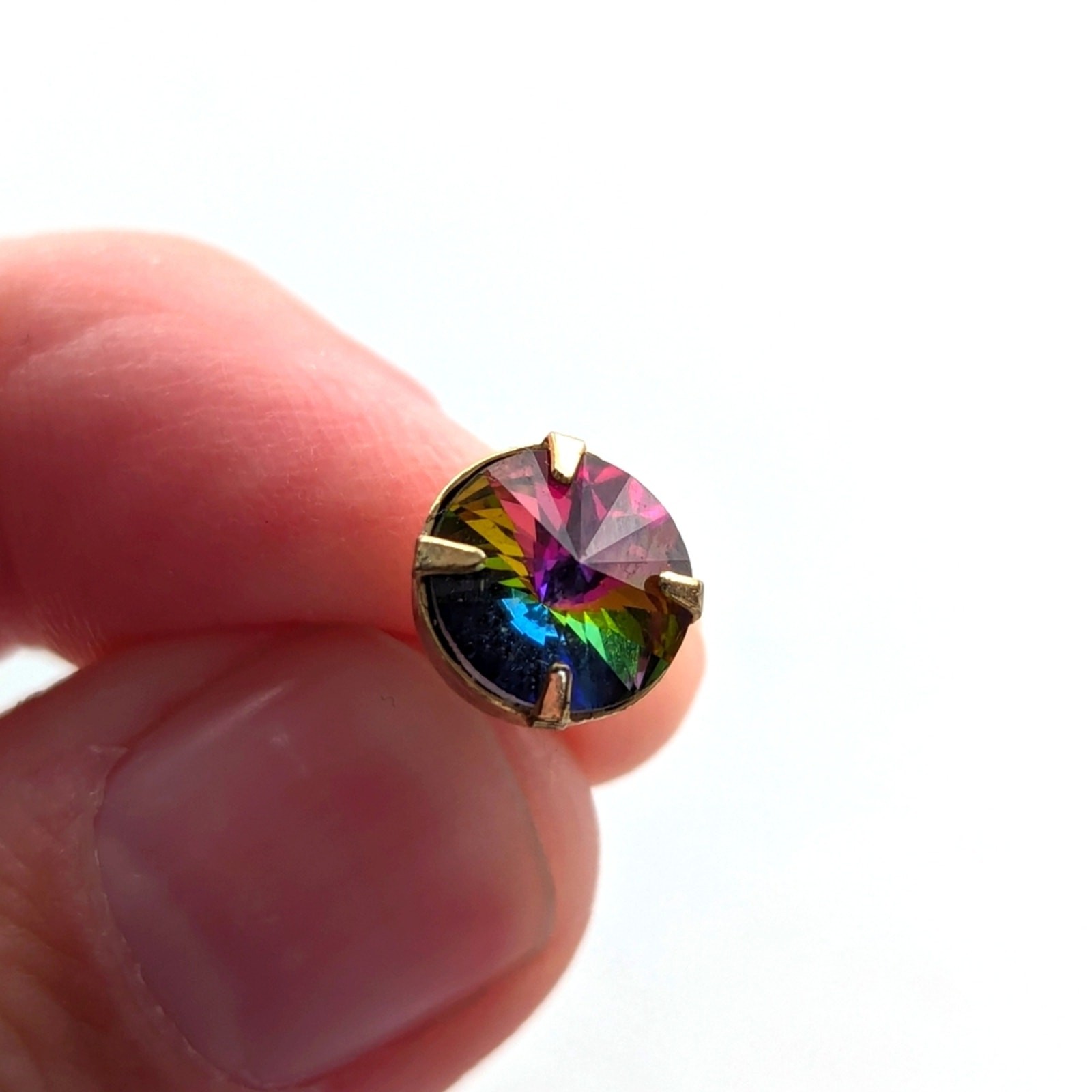 Vintage Estate Rivoli Prong Set Rainbow Rhinestone Lapel Tie Clasp Pin
