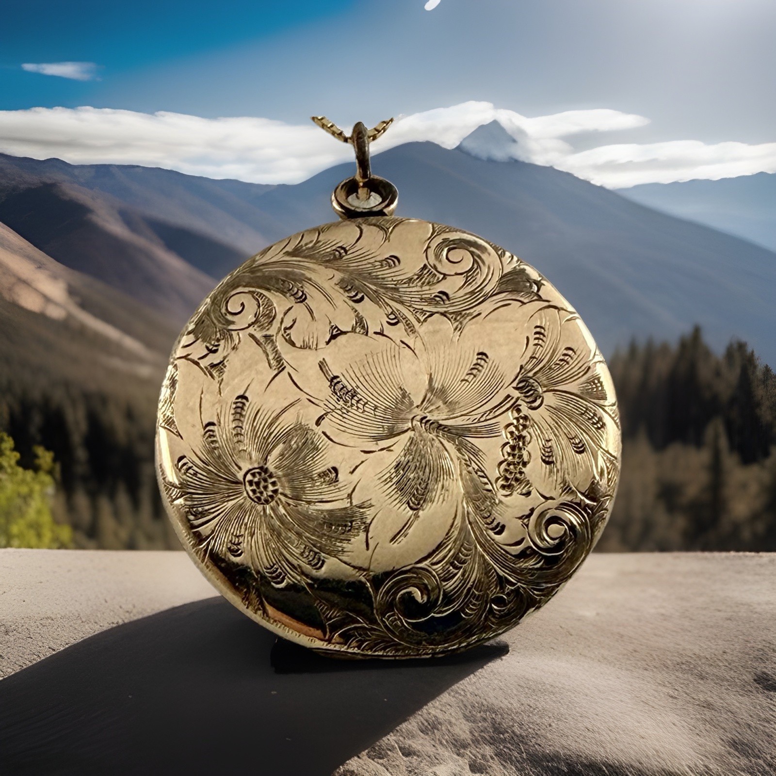Antique Art Nouveau Engraved Floral & Scrolls Rolled Gold Round Locket Pendant