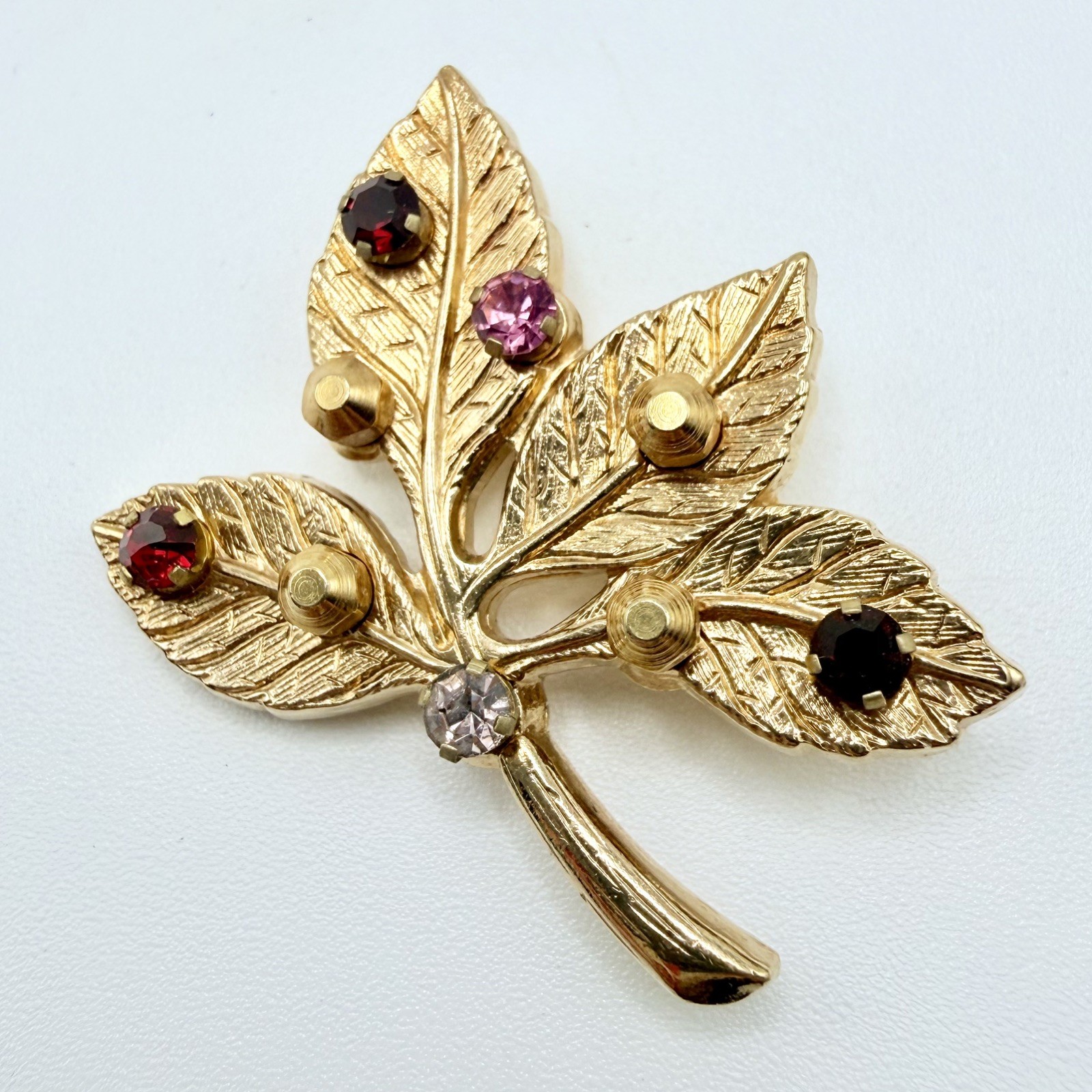 Anson Multi-Color Rhinestone Leaf Brooch Pin 1.5″ Vintage Signed Autumn