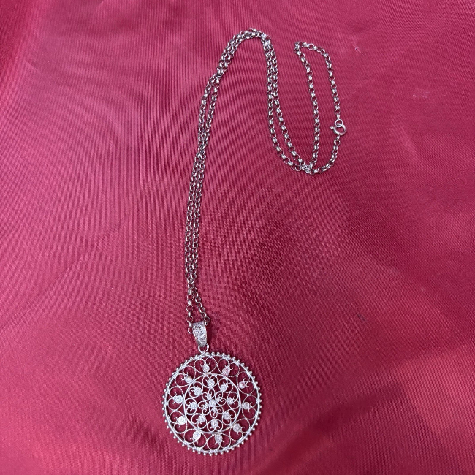 Vintage Sterling Silver Filigree Medallion Pendant Rolo Chain Necklace